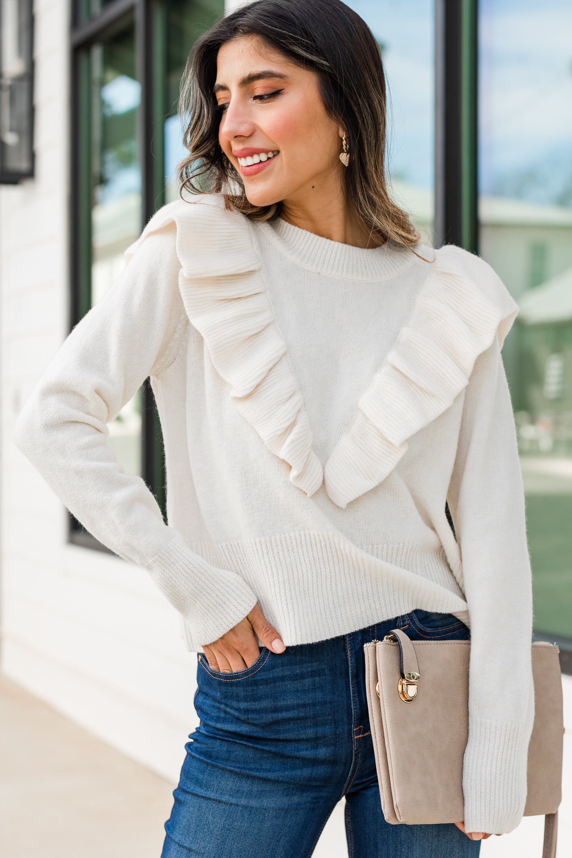 Charming Ivory White Ruffled Frill Sweater