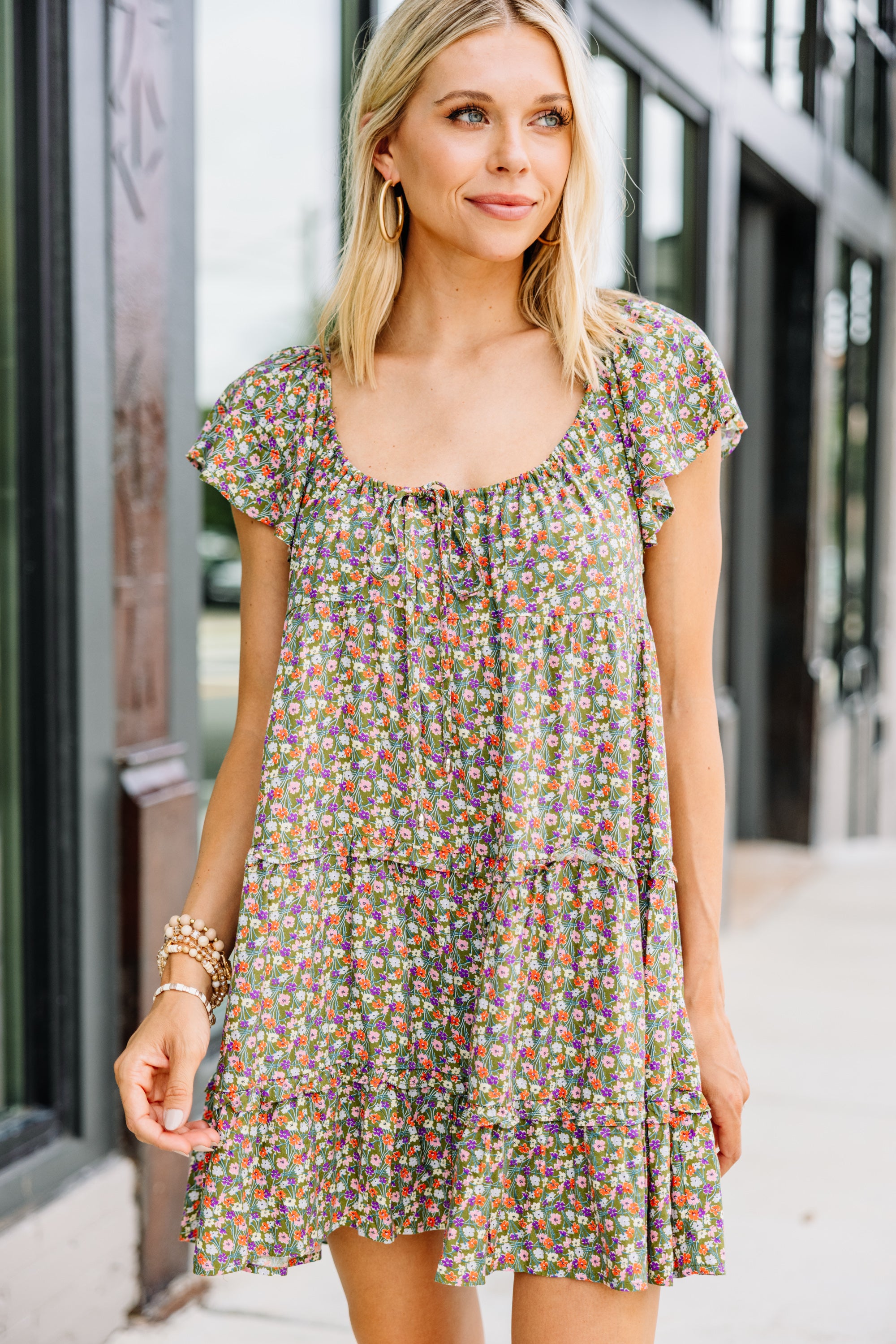 Irresistible Olive Green Ditsy Floral Mini Dress - Ask Away!