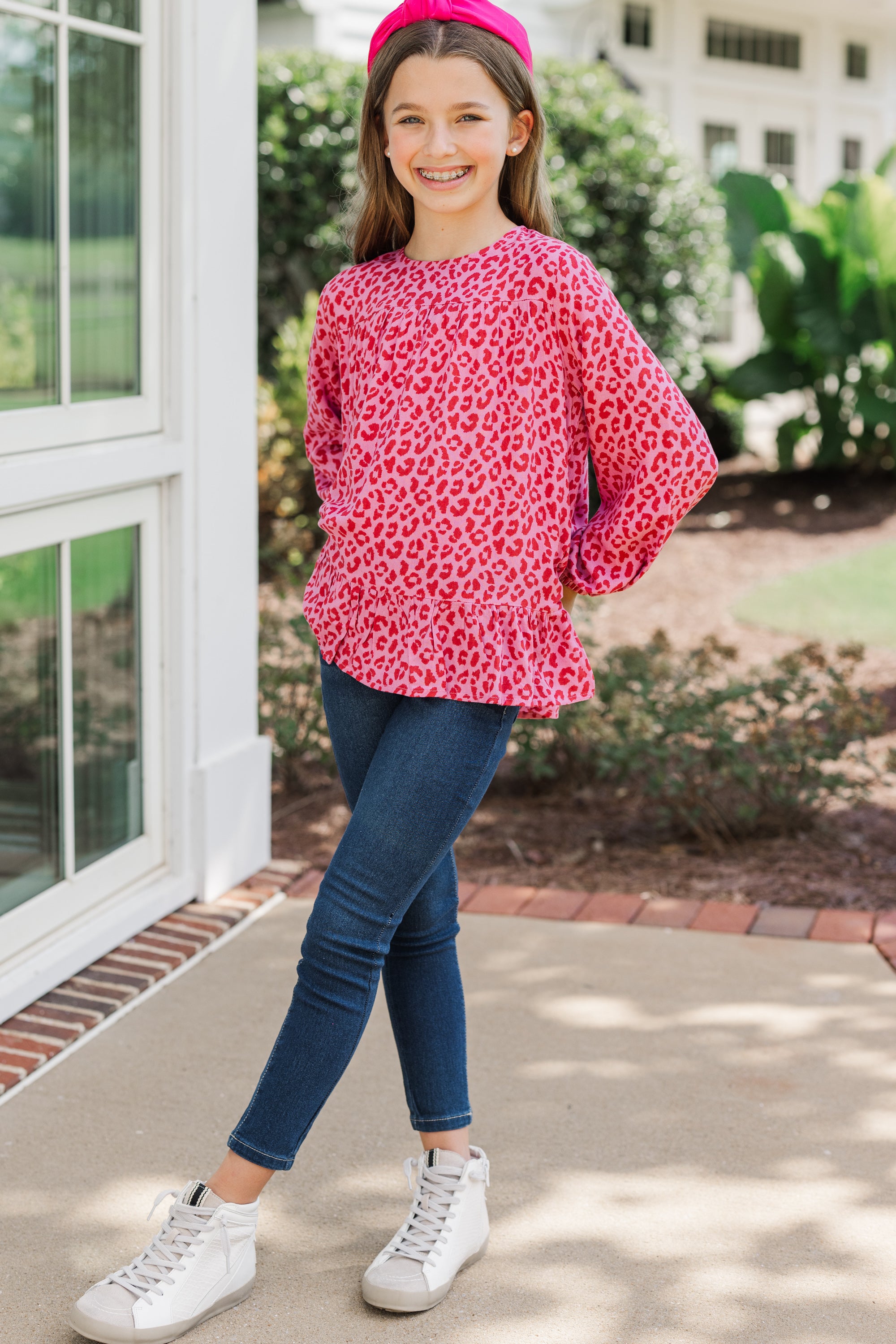 Girls' Enchanting Pink Leopard Floral Blouse: Feel Blessed!