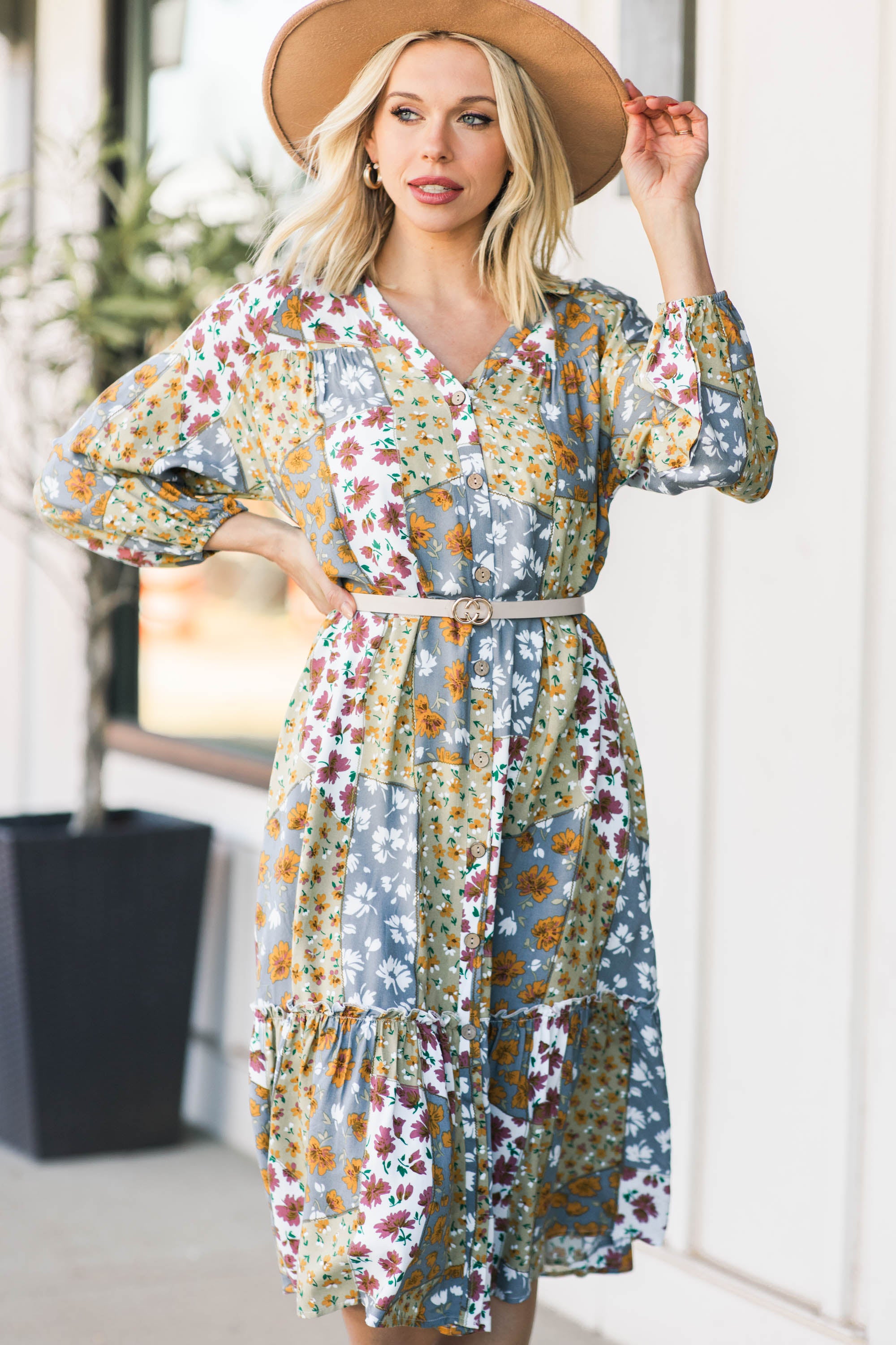 Gorgeous Gray Mixed Floral Midi Dress - The Ultimate Choice