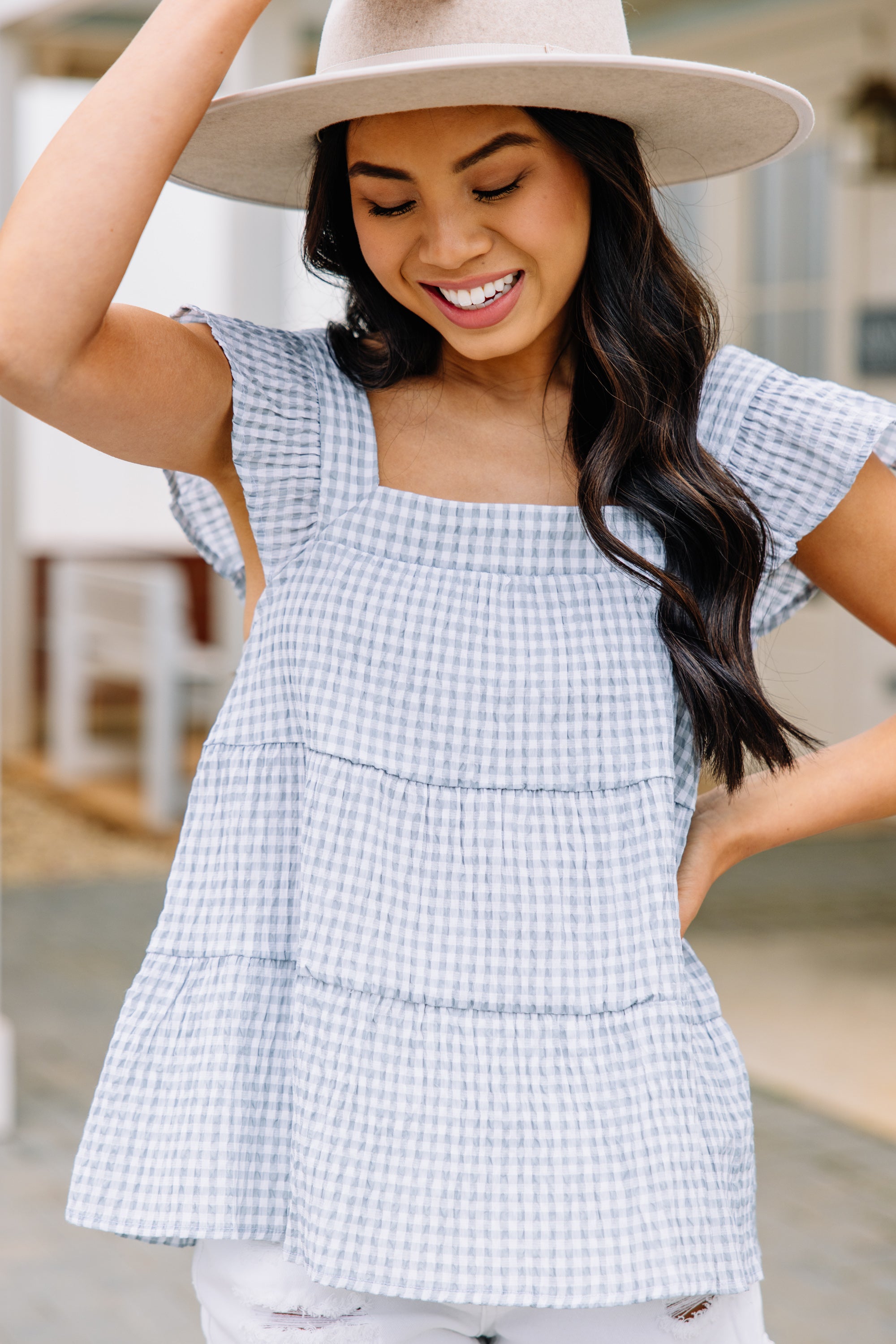 Can't Wait for You! Light Blue Gingham Spring Blouse