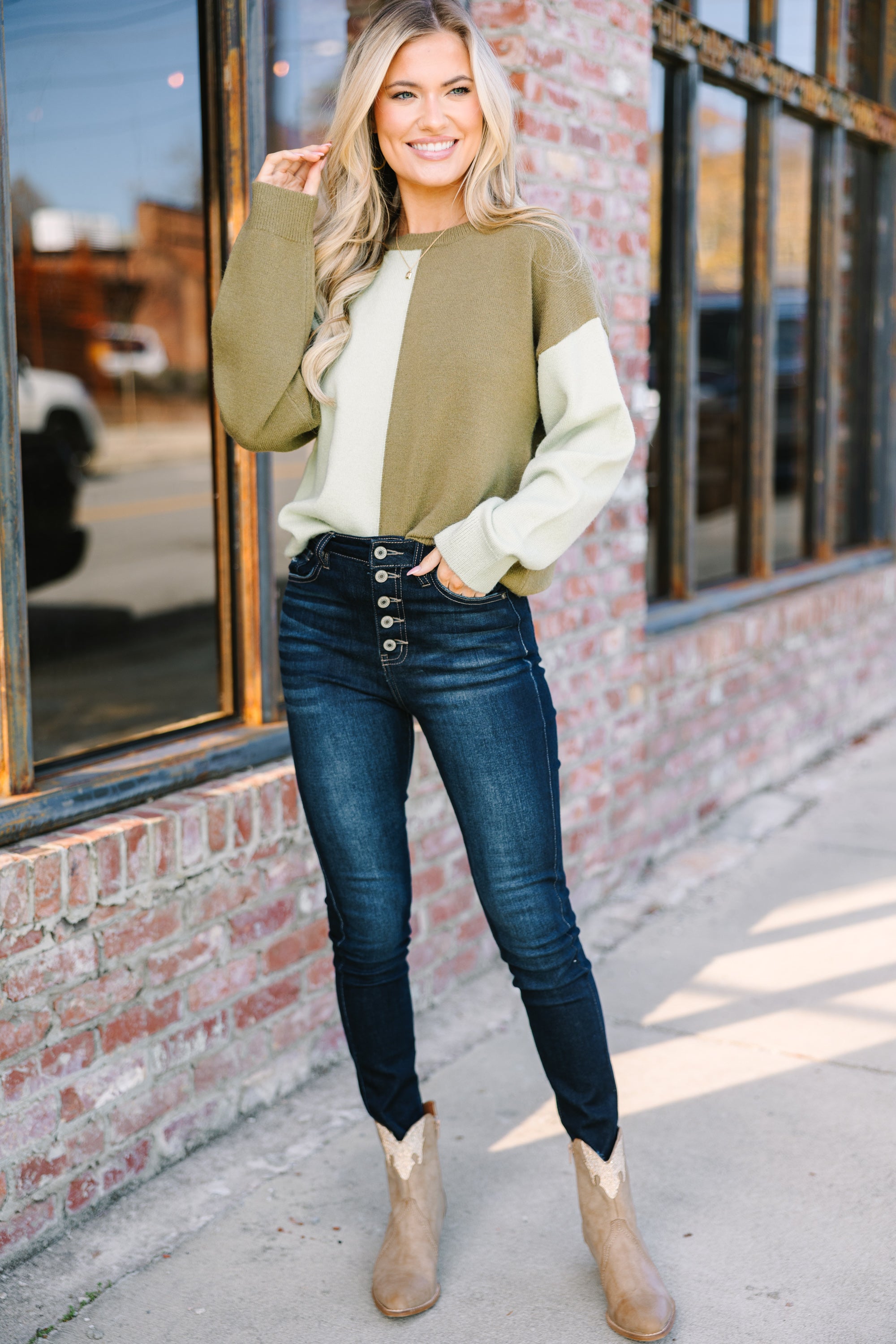 Irresistible Sage & Olive Colorblock Sweater