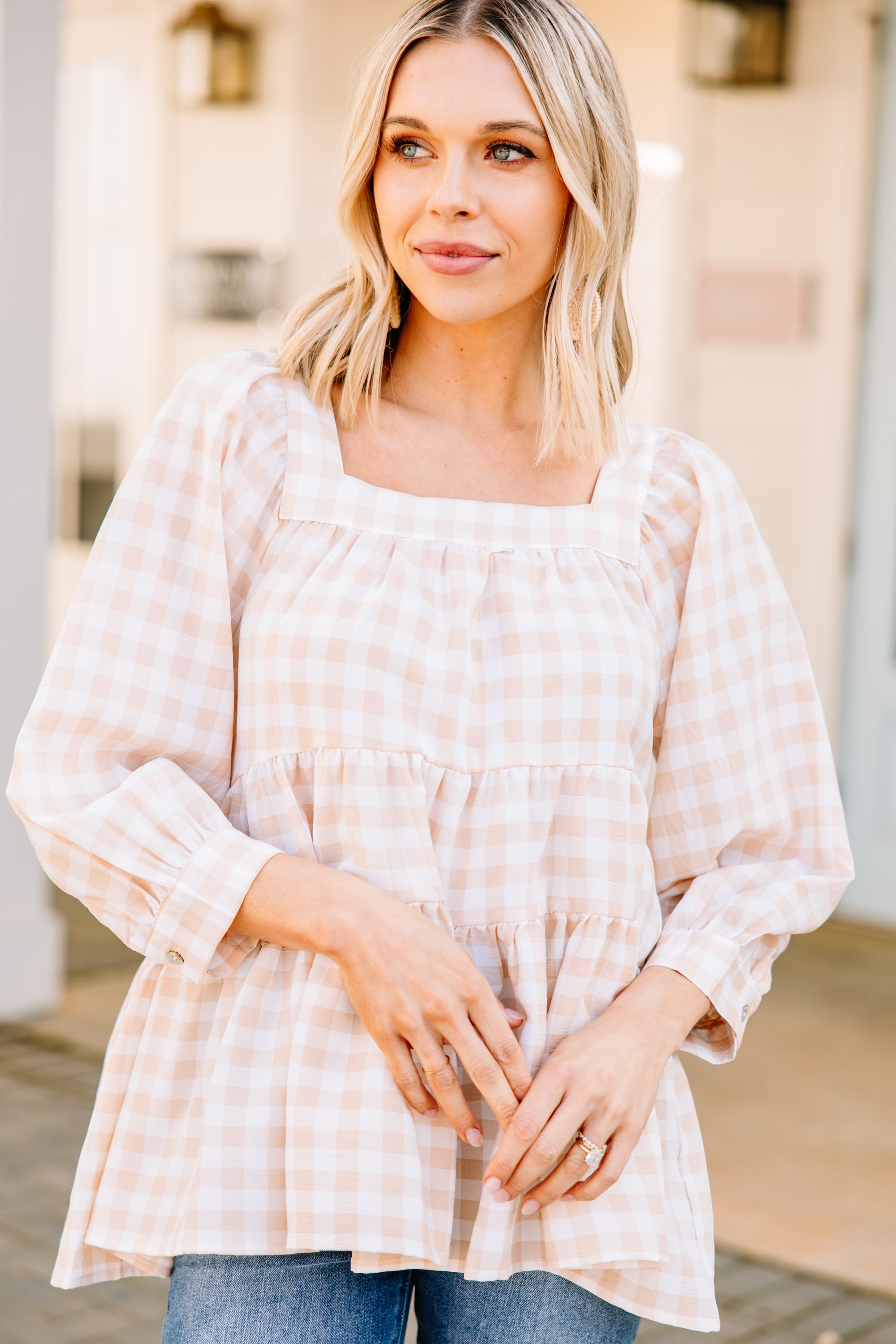 Charming Taupe Gingham Fun Blouse