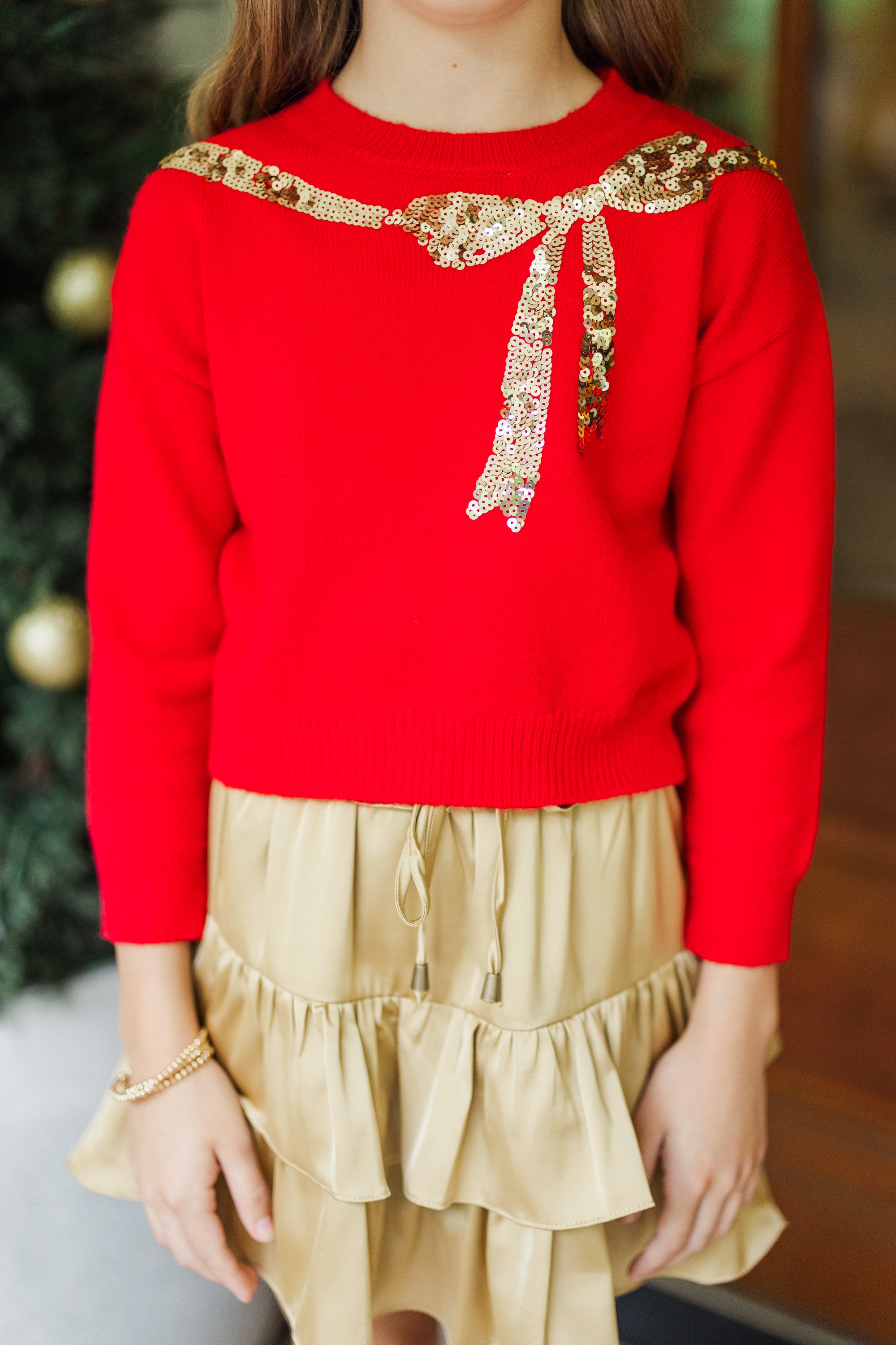 Girls' Enchanting Red Sequin Bow Sweater: Feel the Holiday Magic!