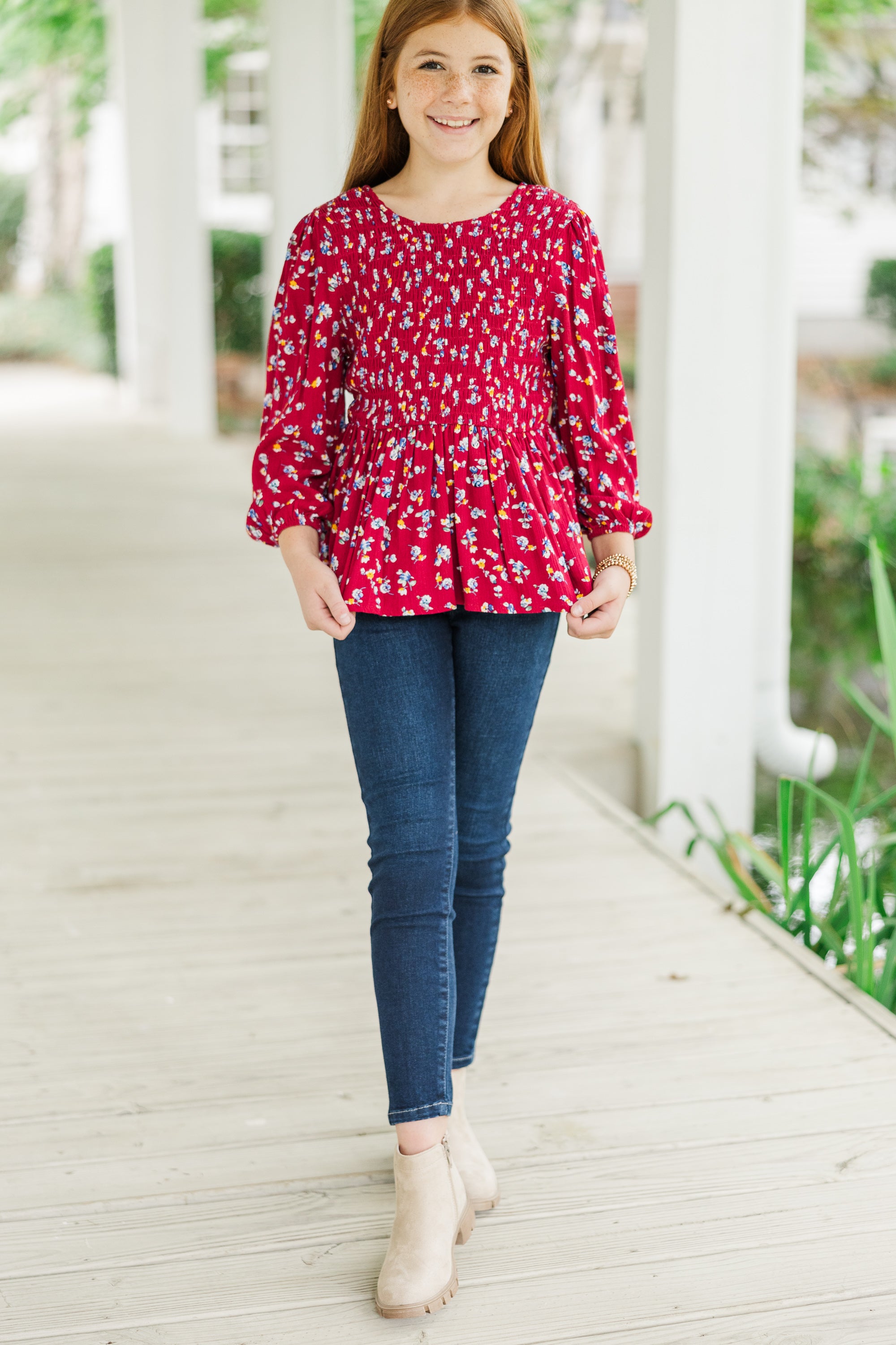 Girls' Must-Have Burgundy Red Ditsy Floral Blouse