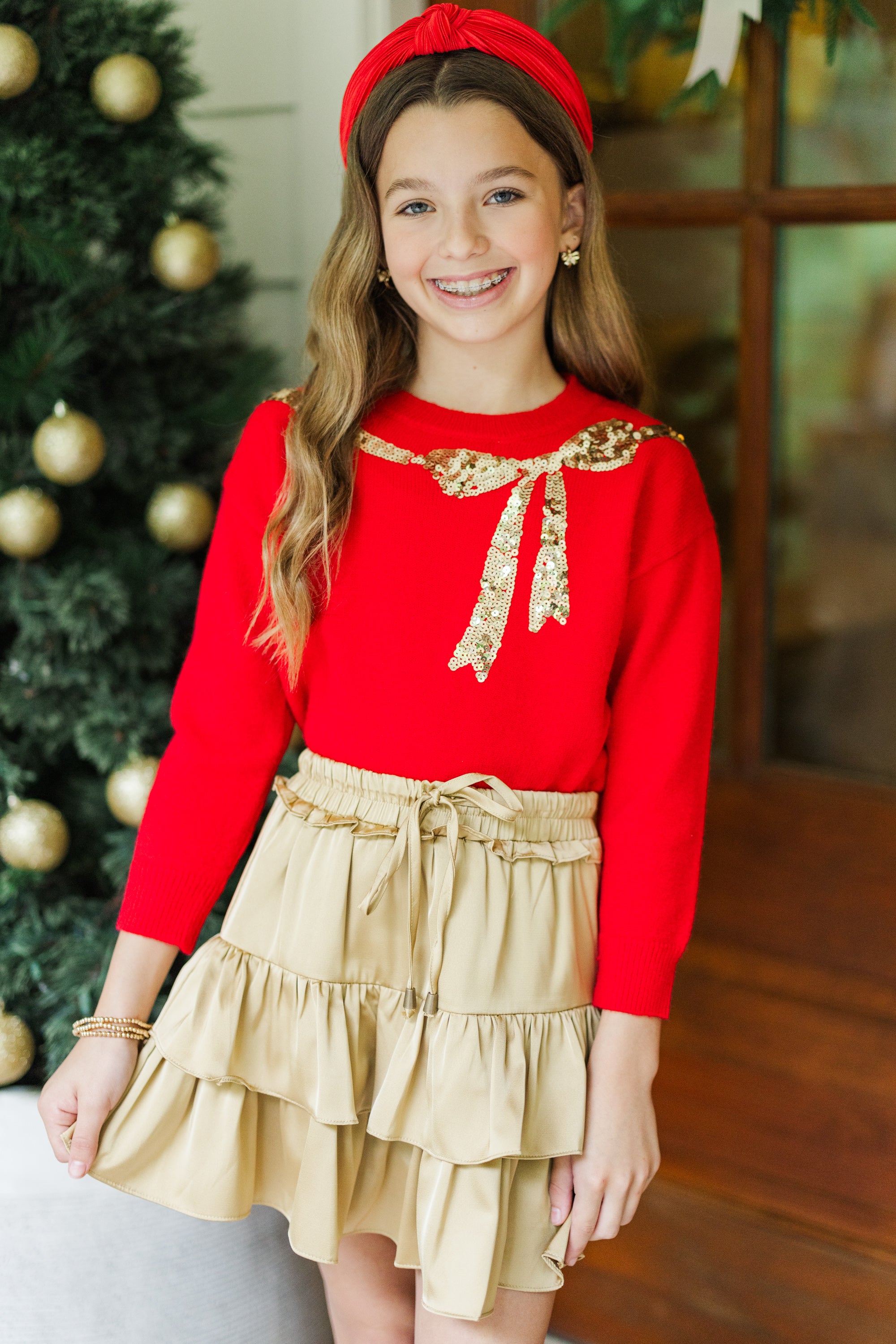 Girls' Enchanting Red Sequin Bow Sweater: Feel the Holiday Magic!