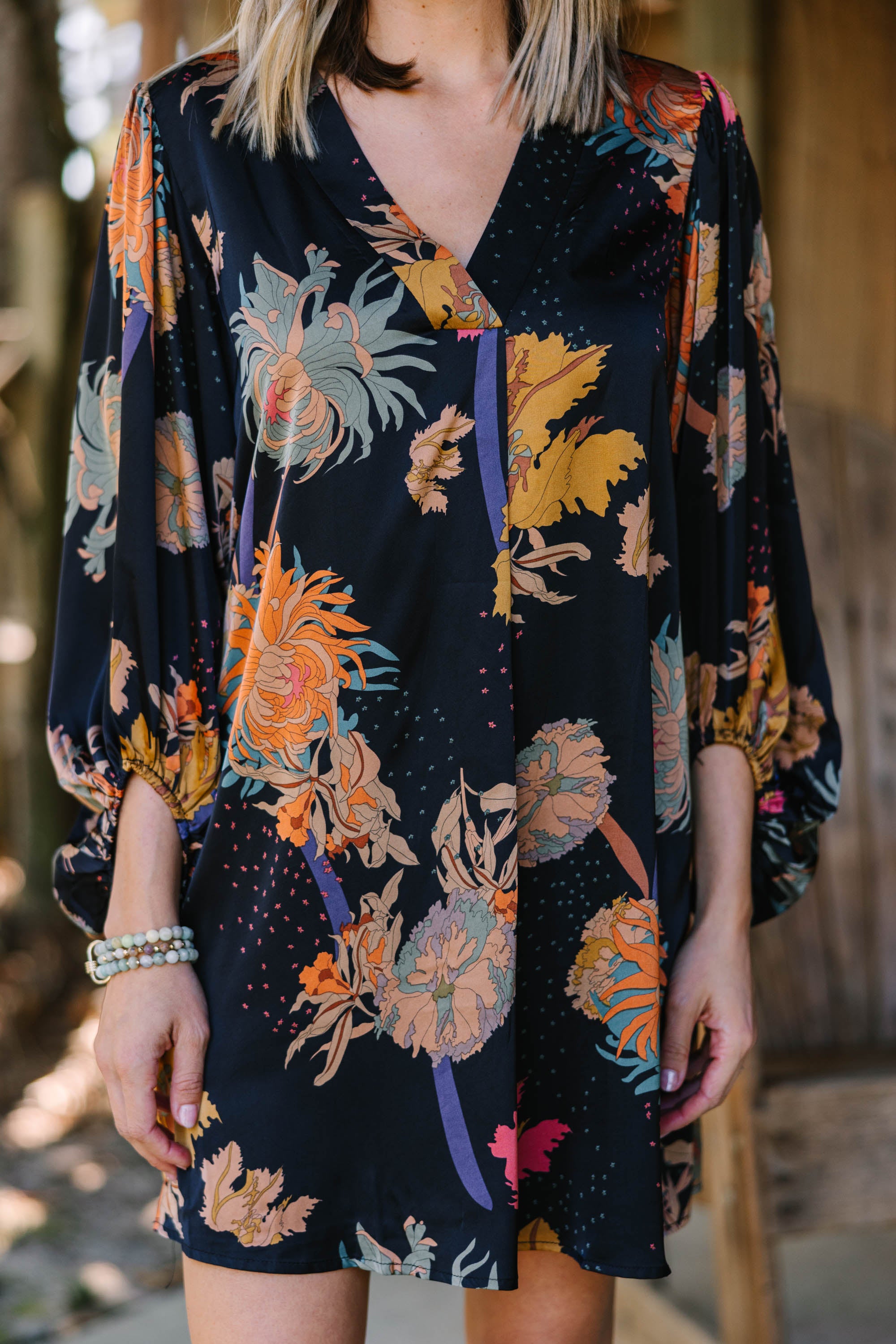 Irresistible Black Floral Bubble Sleeve Satin Dress