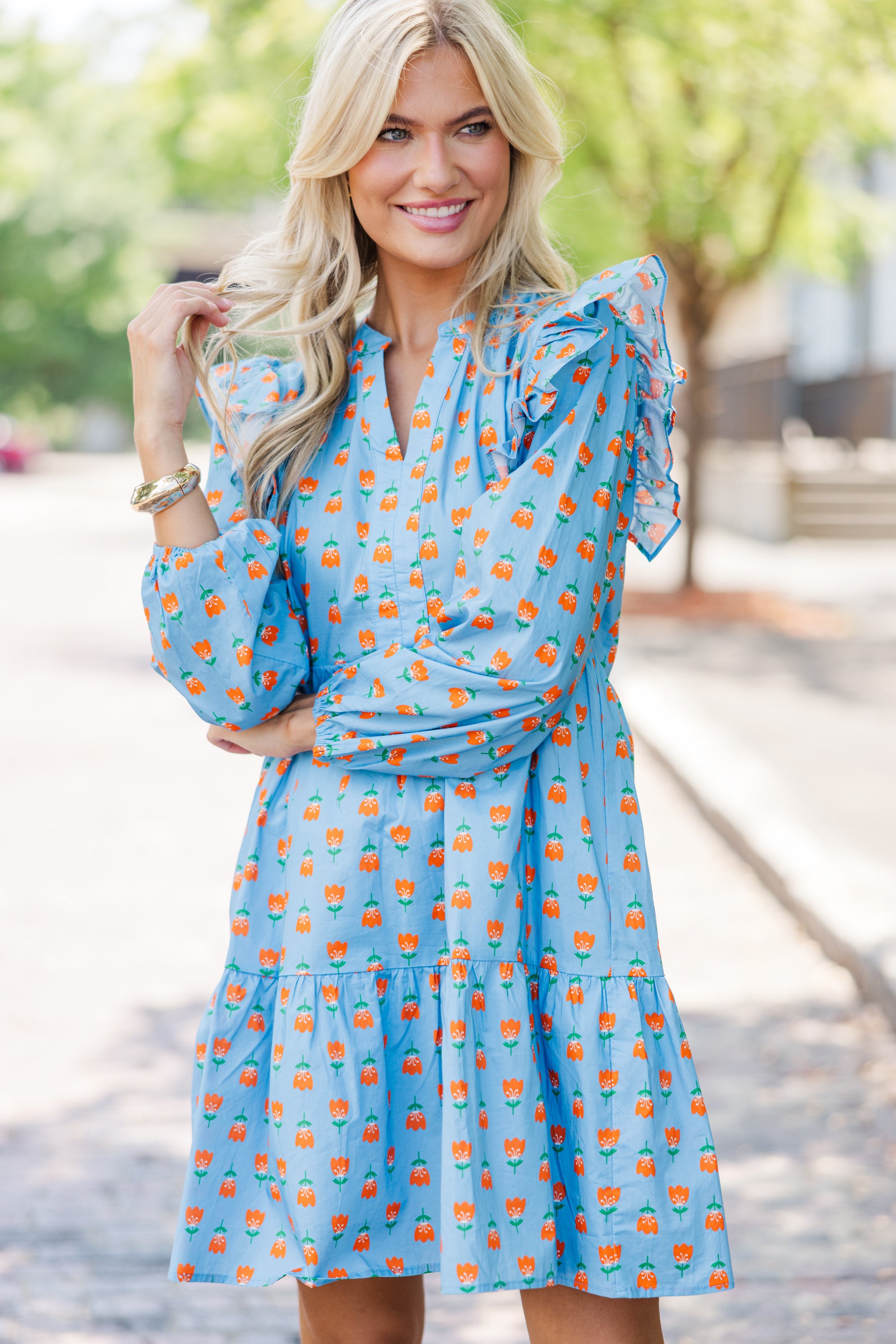 Gorgeous Blue Floral Long-Sleeve Babydoll Dress for Fall