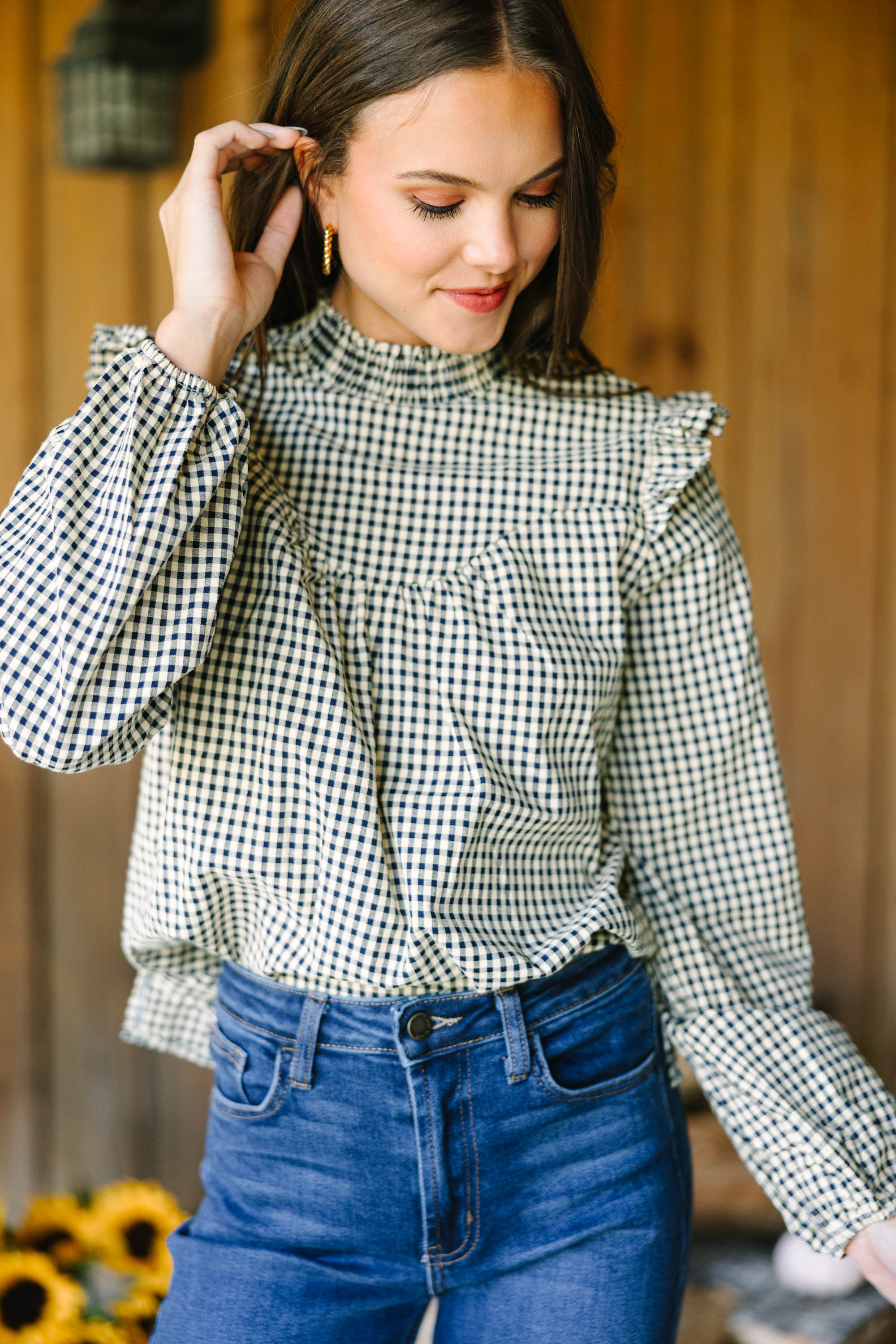 Charming Navy Blue Gingham Blouse: Find Your Style