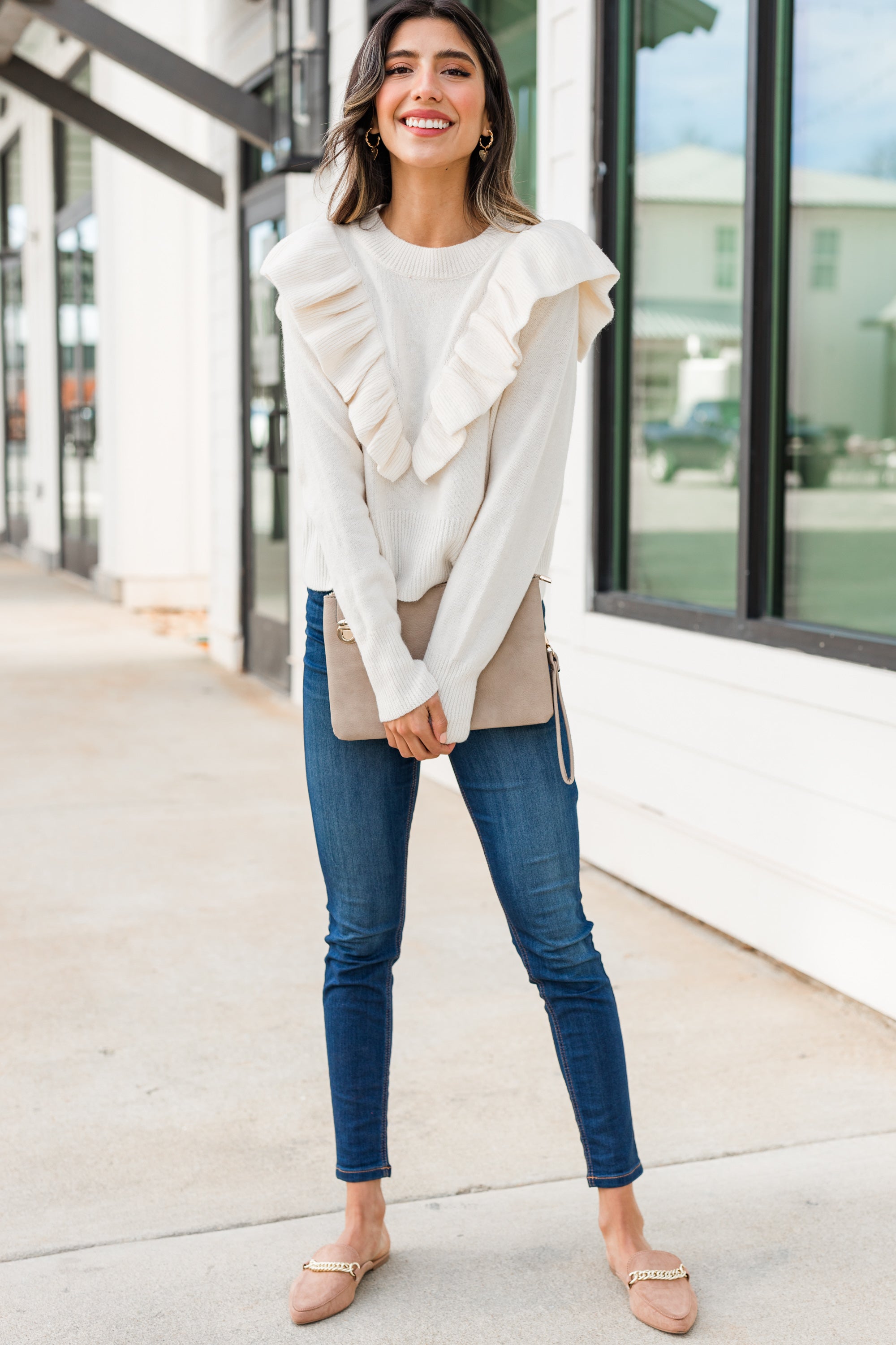 Charming Ivory White Ruffled Frill Sweater