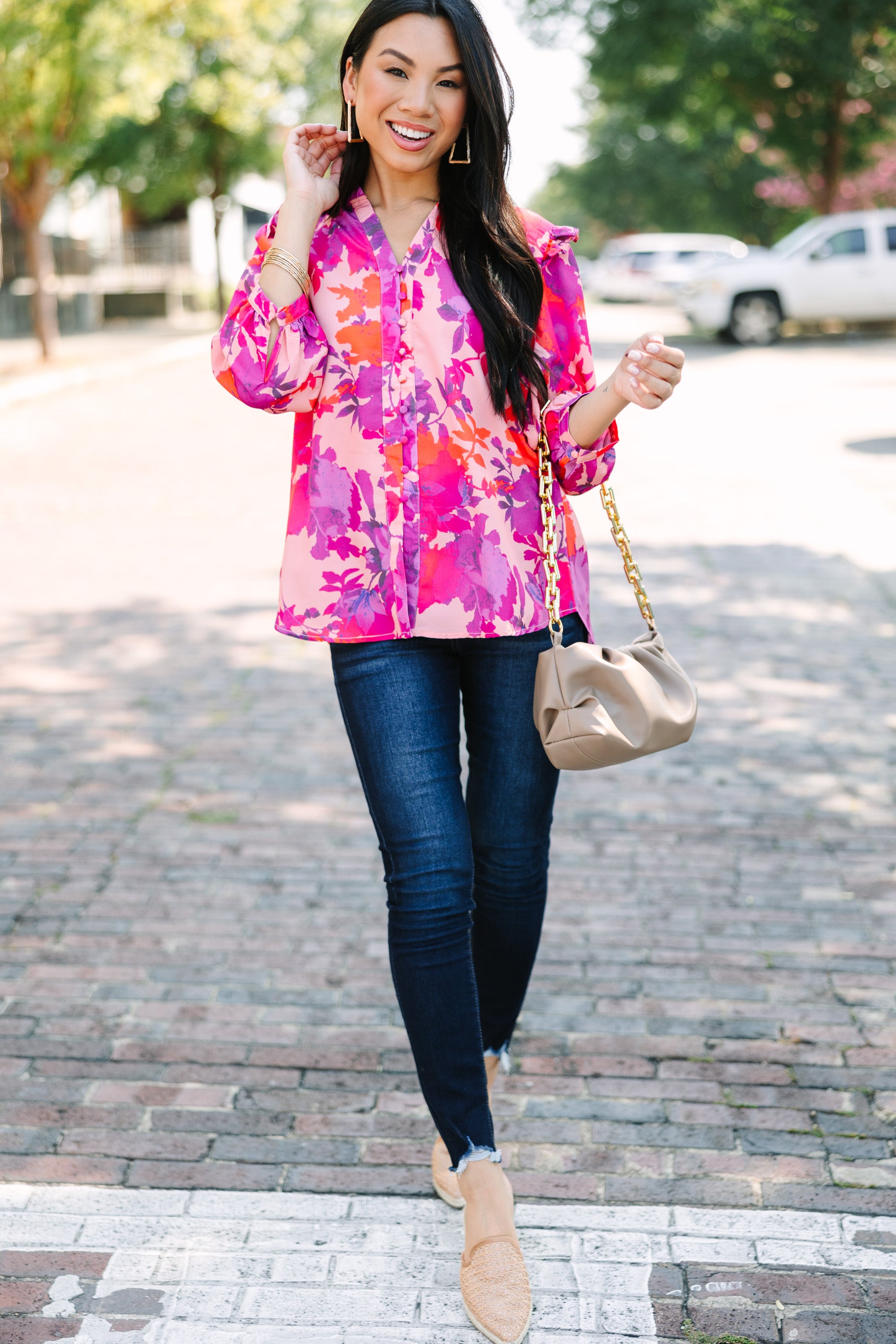 Gorgeous Fuchsia Pink Floral Blouse - Do What's Right in Style!