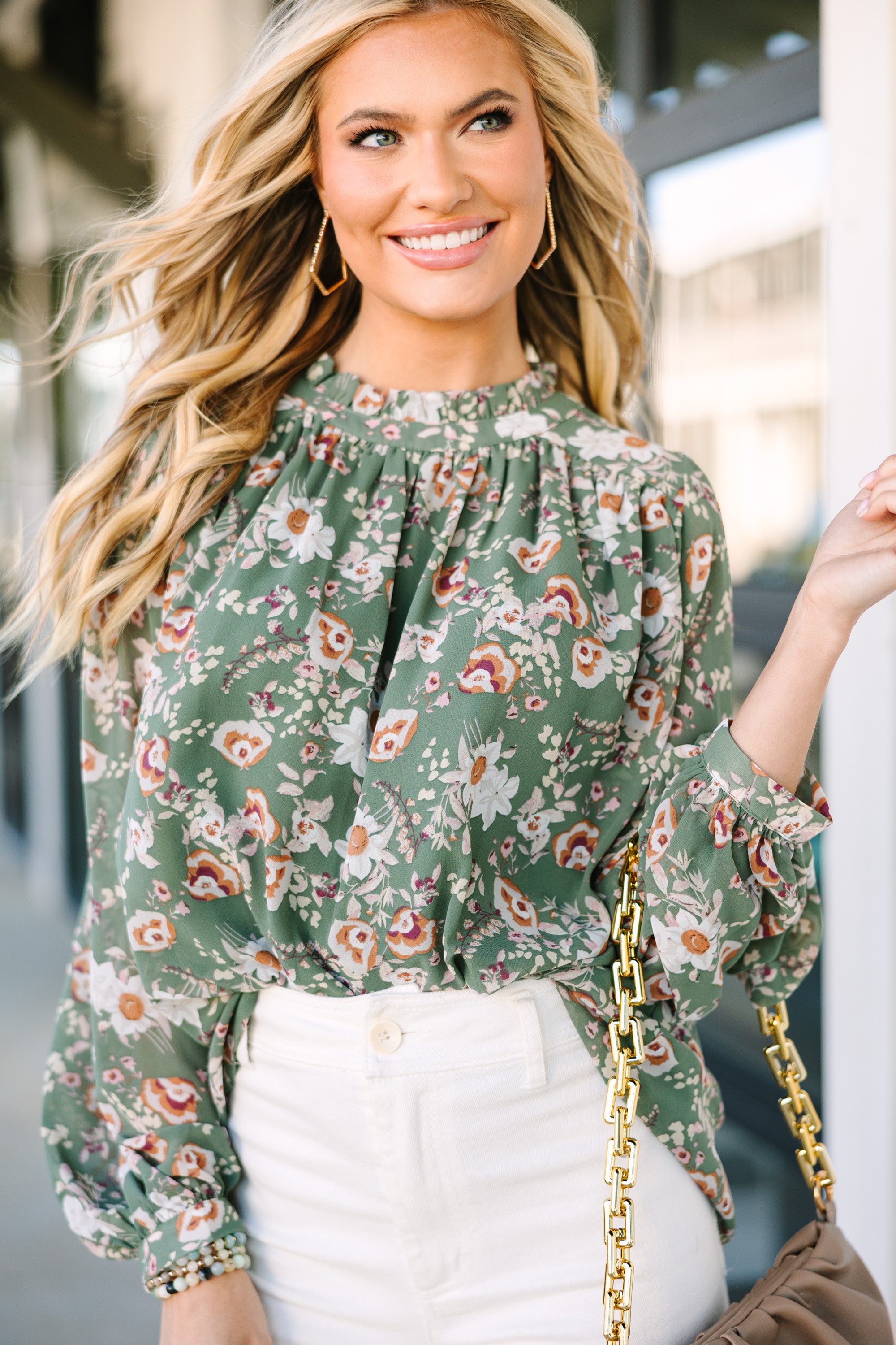 Enchanting Day-by-Day Sage Green Floral Blouse