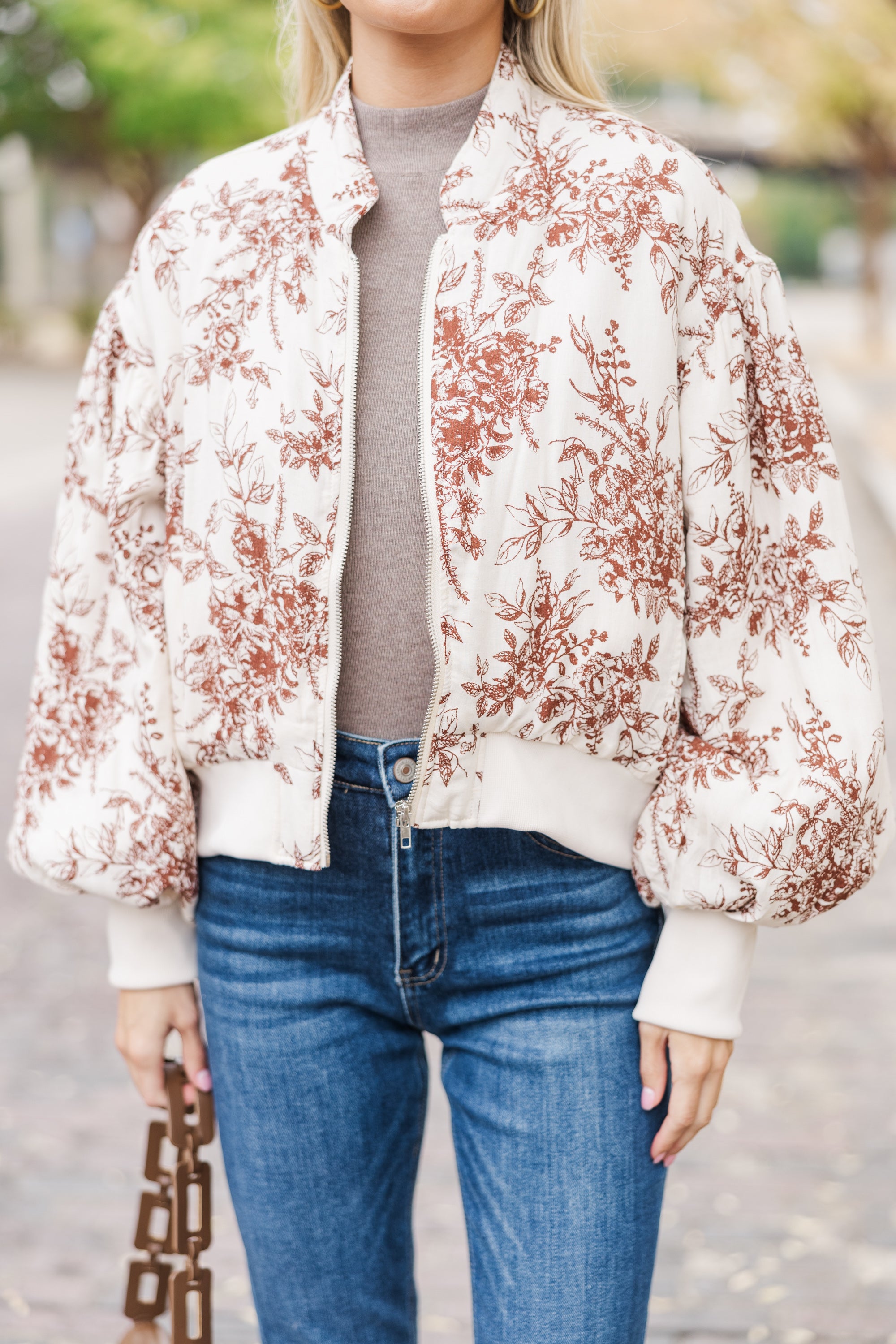 Stylish Brown Toile Bomber Jacket - Be Yourself!
