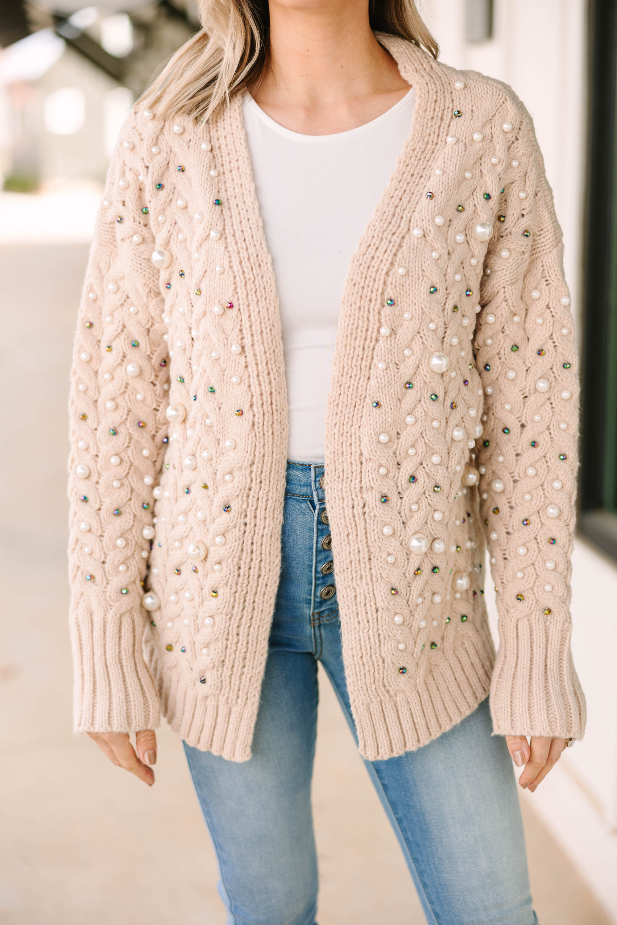 Gorgeous Best Of Both Worlds Oatmeal Brown Embellished Cardigan