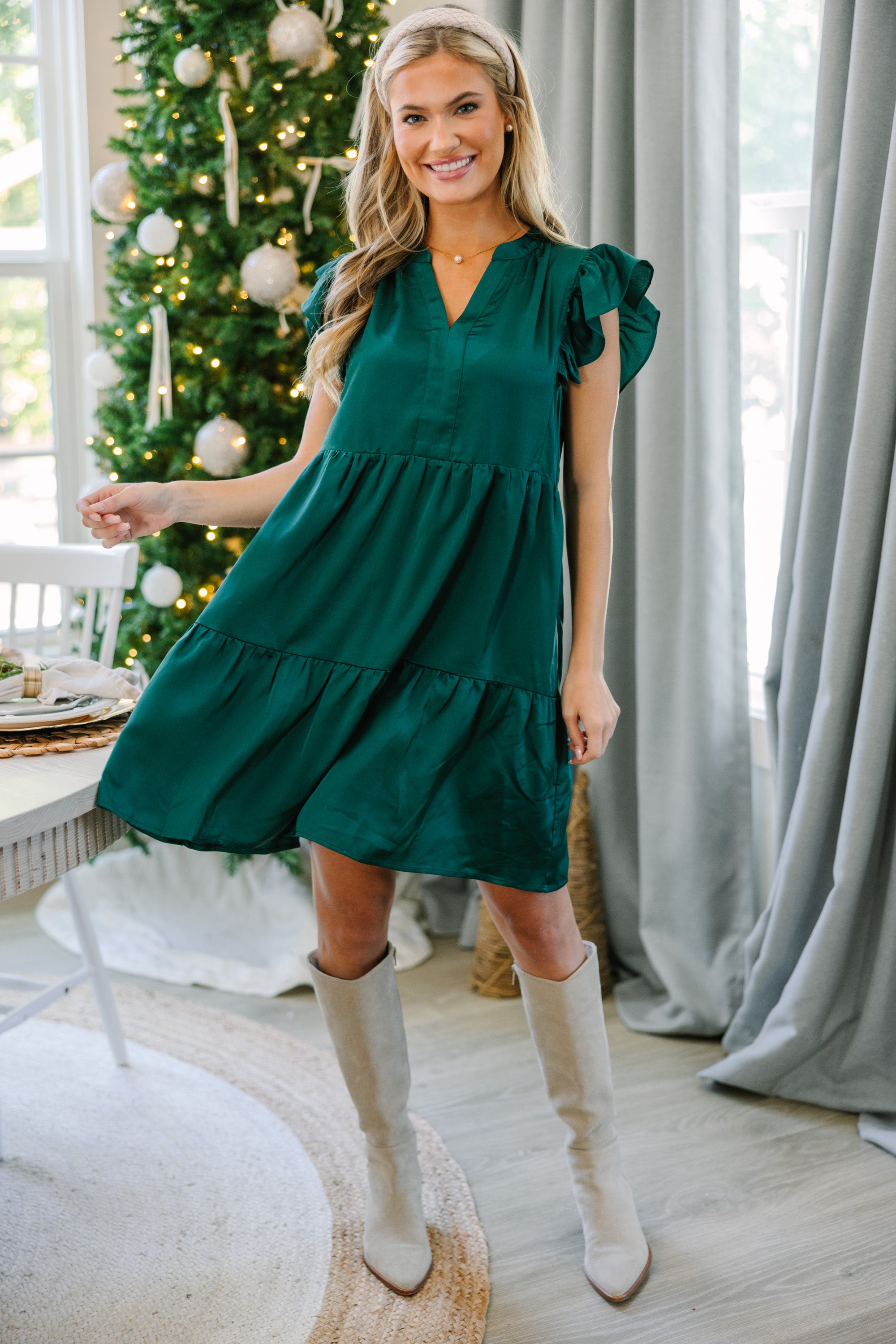 Gorgeous Emerald Green Satin Fall Transition Dress