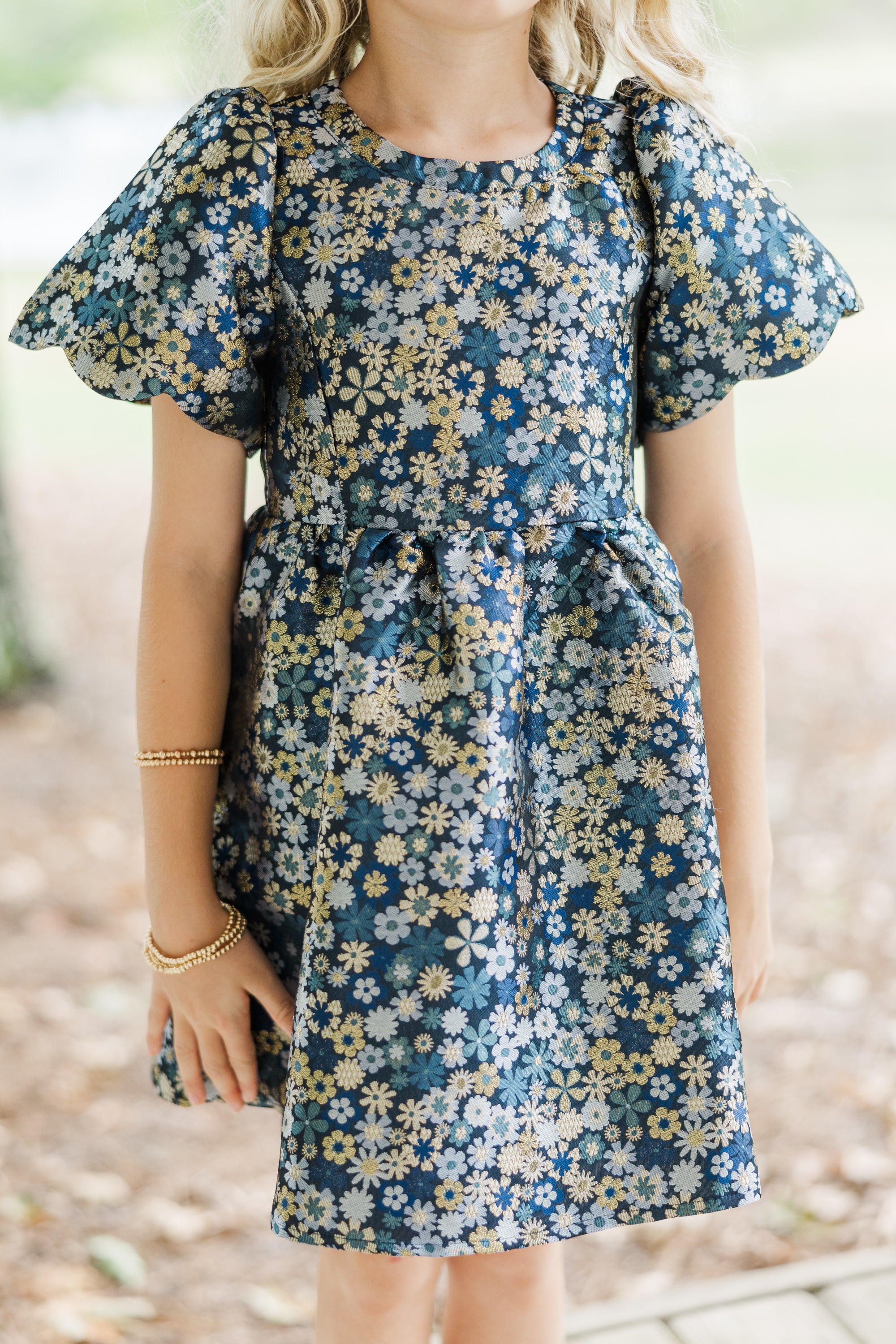 Gorgeous Girls' Taylor Navy Blue Floral Brocade Dress