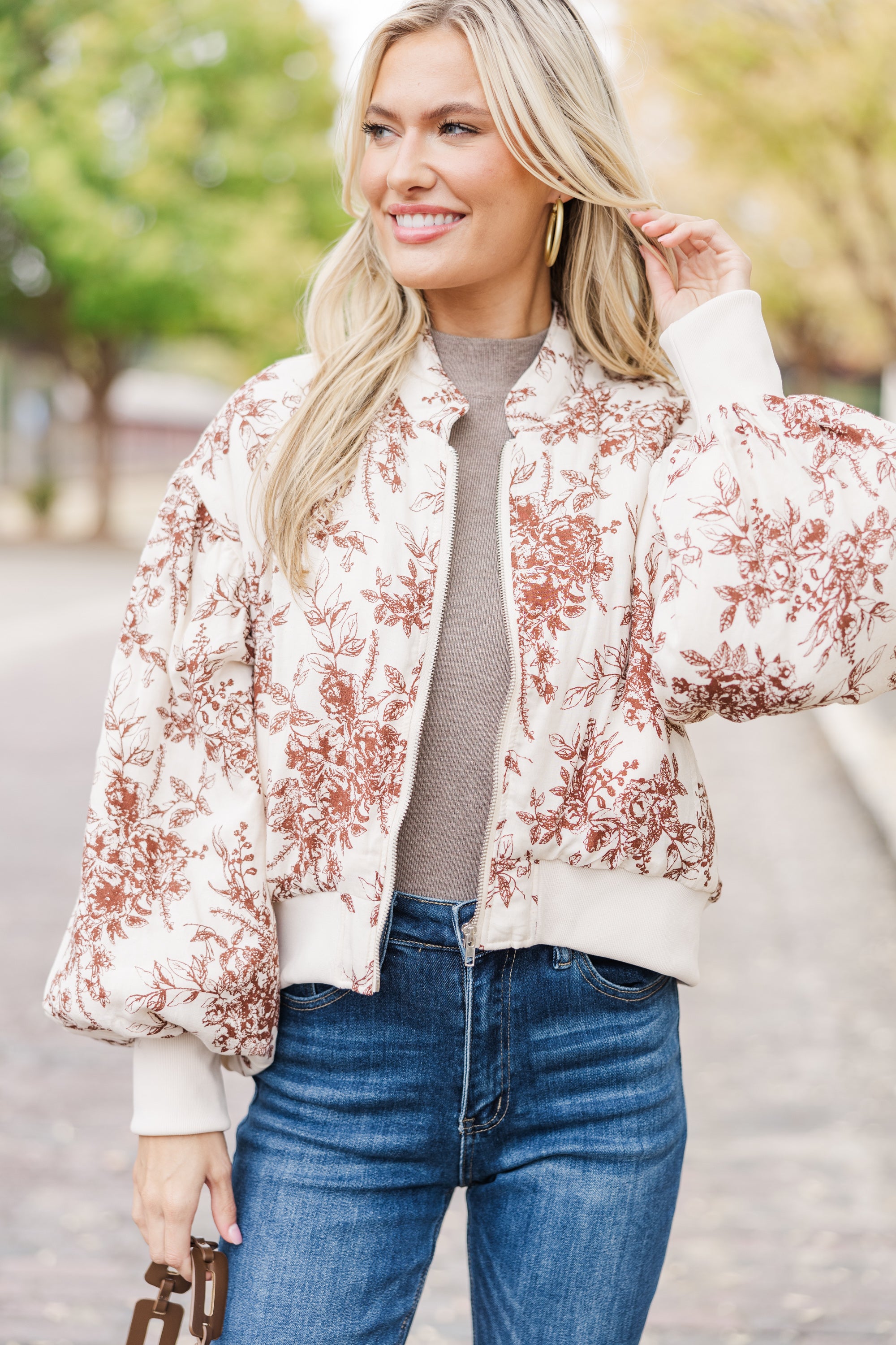 Stylish Brown Toile Bomber Jacket - Be Yourself!