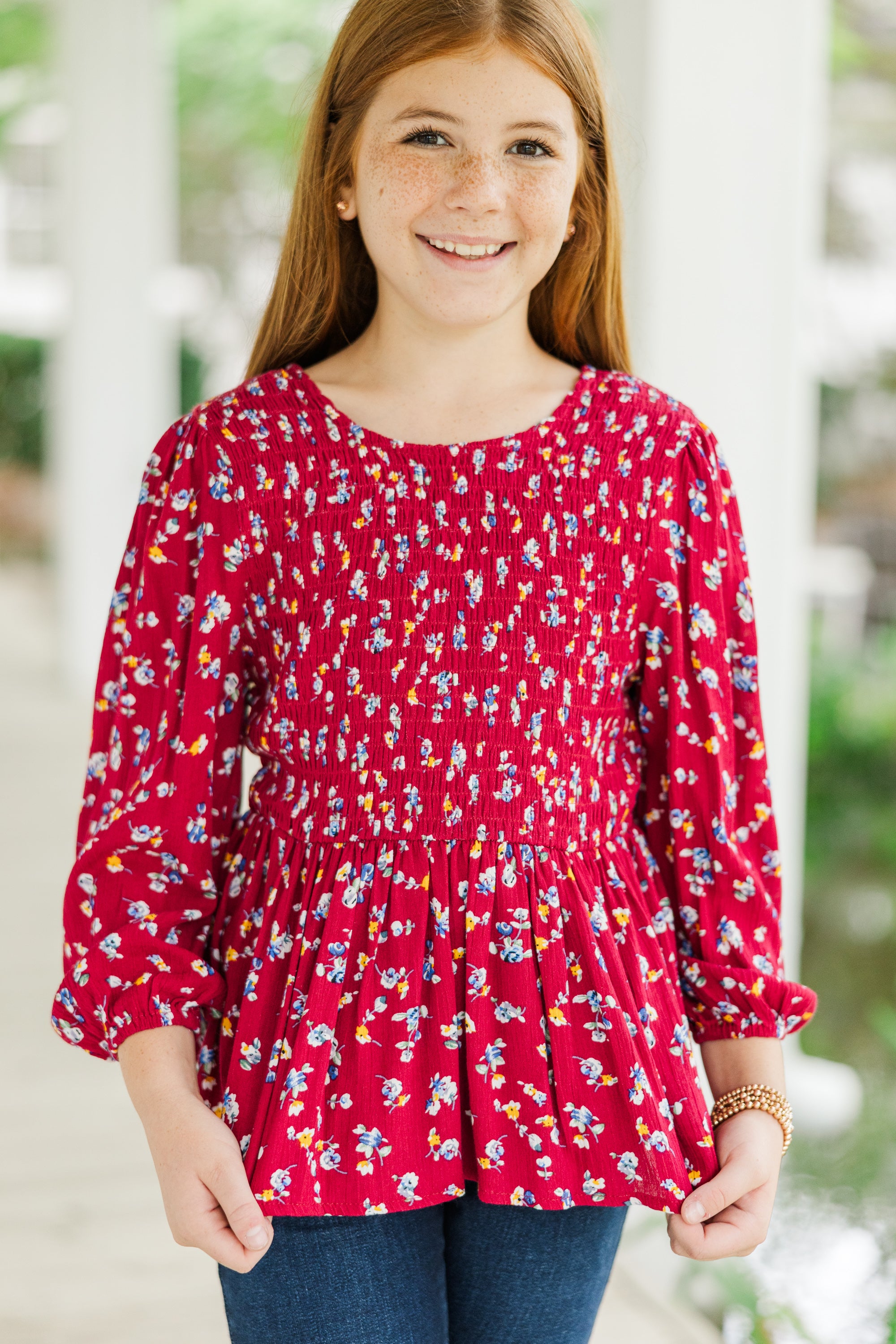 Girls' Must-Have Burgundy Red Ditsy Floral Blouse