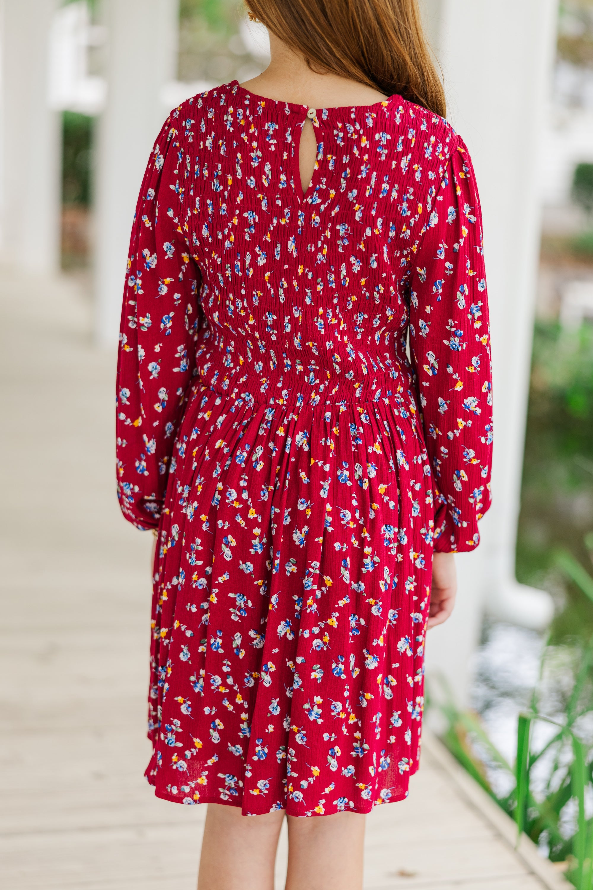 Girls' Enchanting Burgundy Red Ditsy Floral Dress for Fall