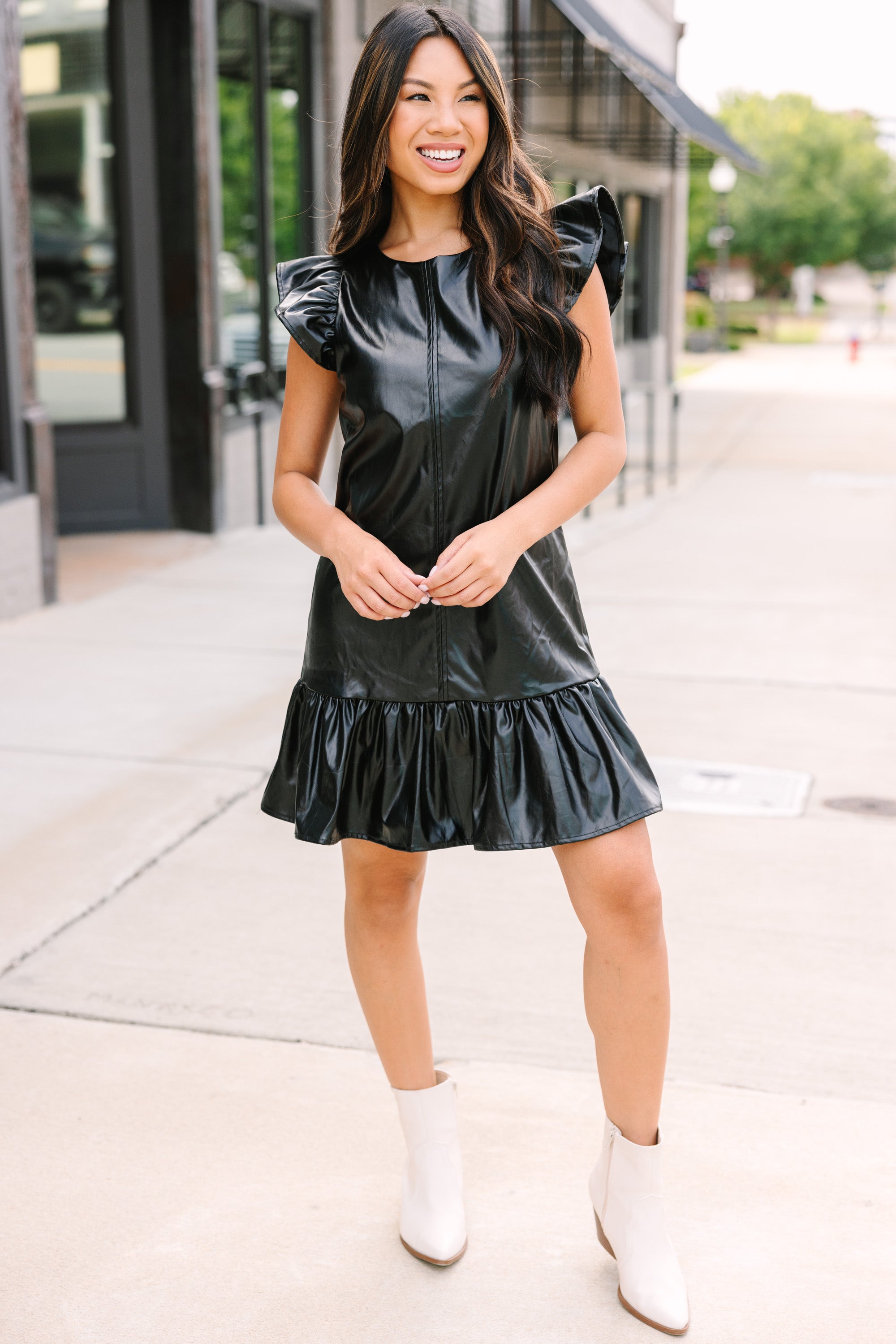 Always Ready: Stylish Black Faux Leather Dress for Fall Fun