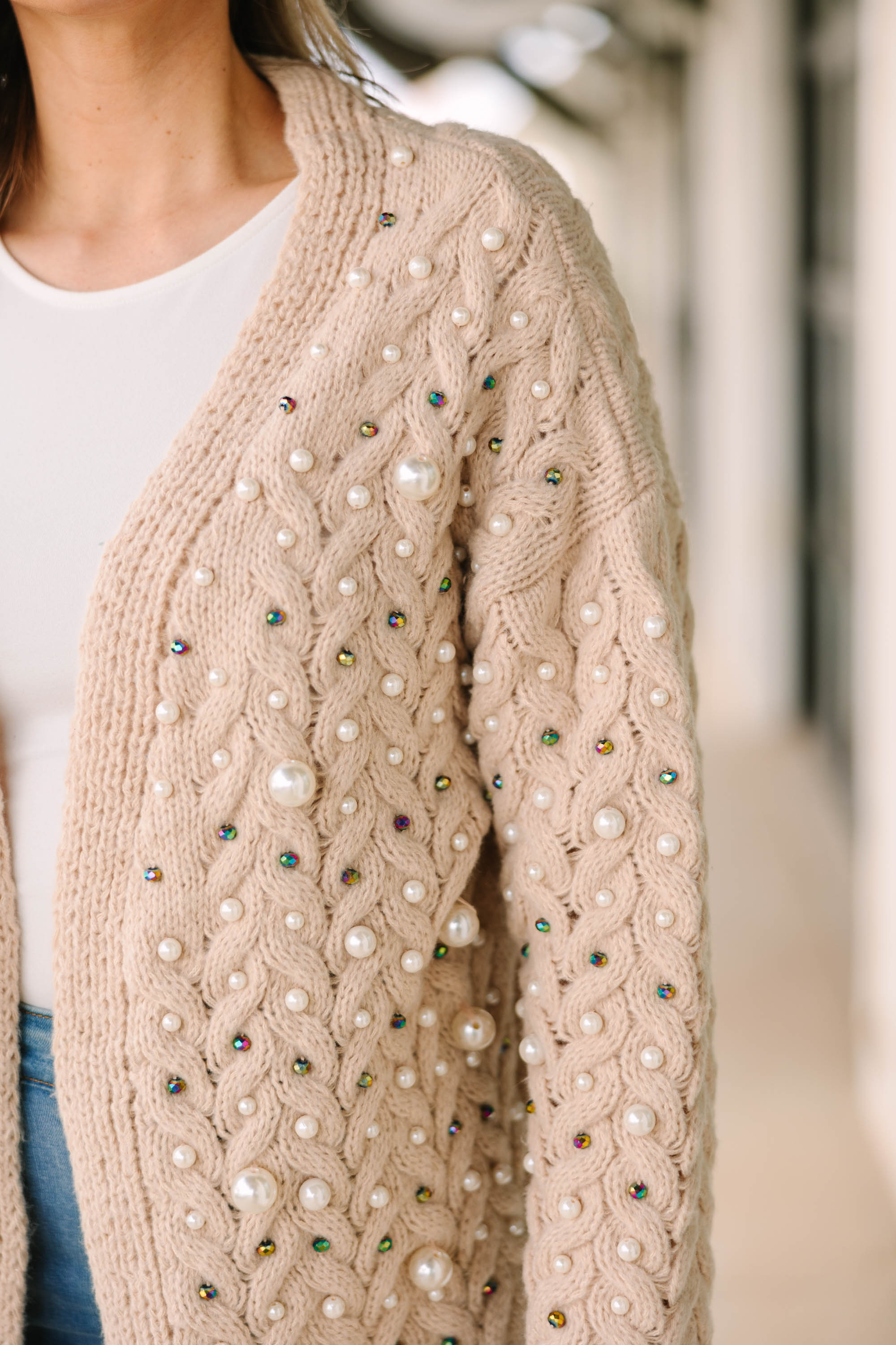 Gorgeous Best Of Both Worlds Oatmeal Brown Embellished Cardigan