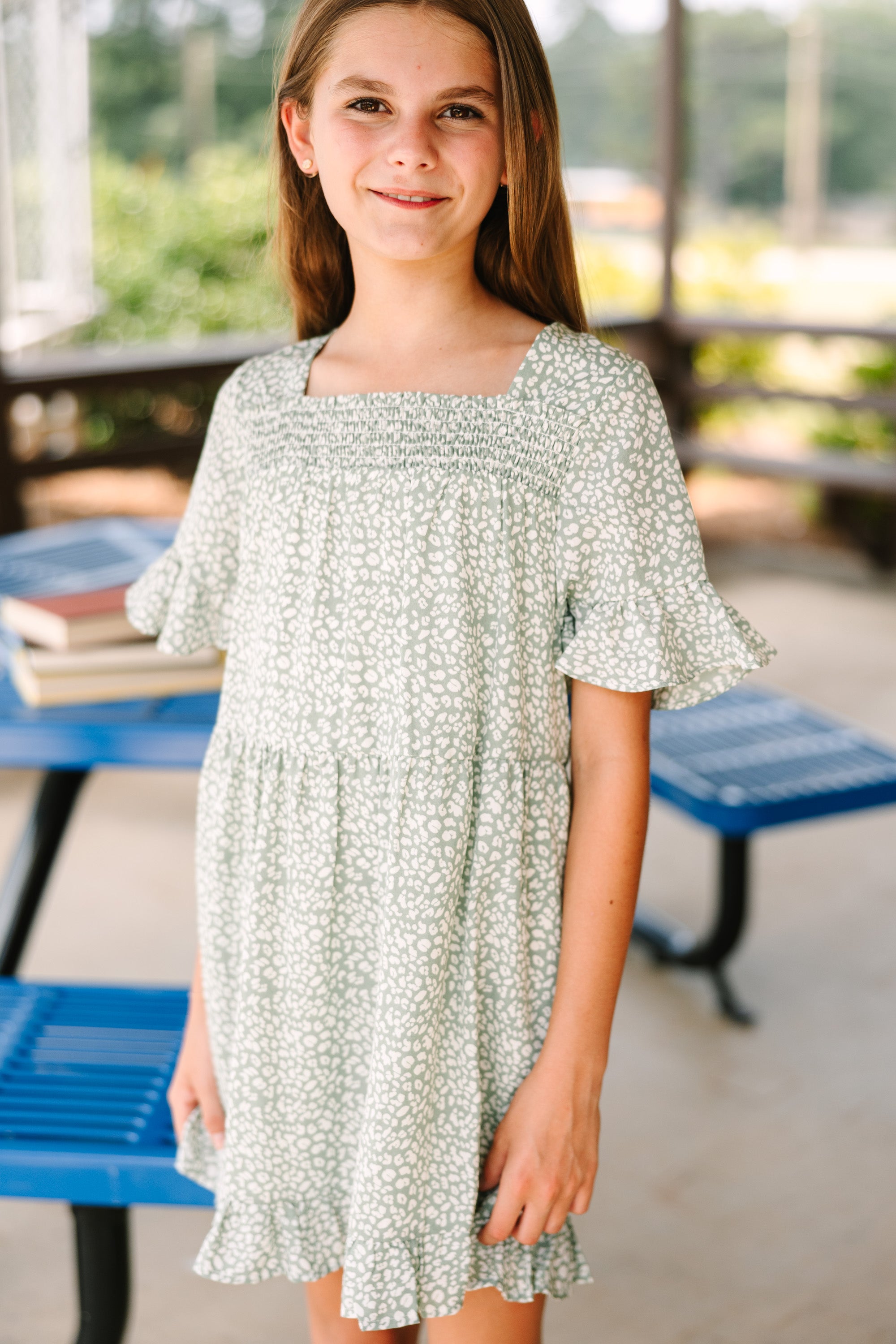 Girls' Enchanting Dusk Till Dawn Sage Spotted Dress