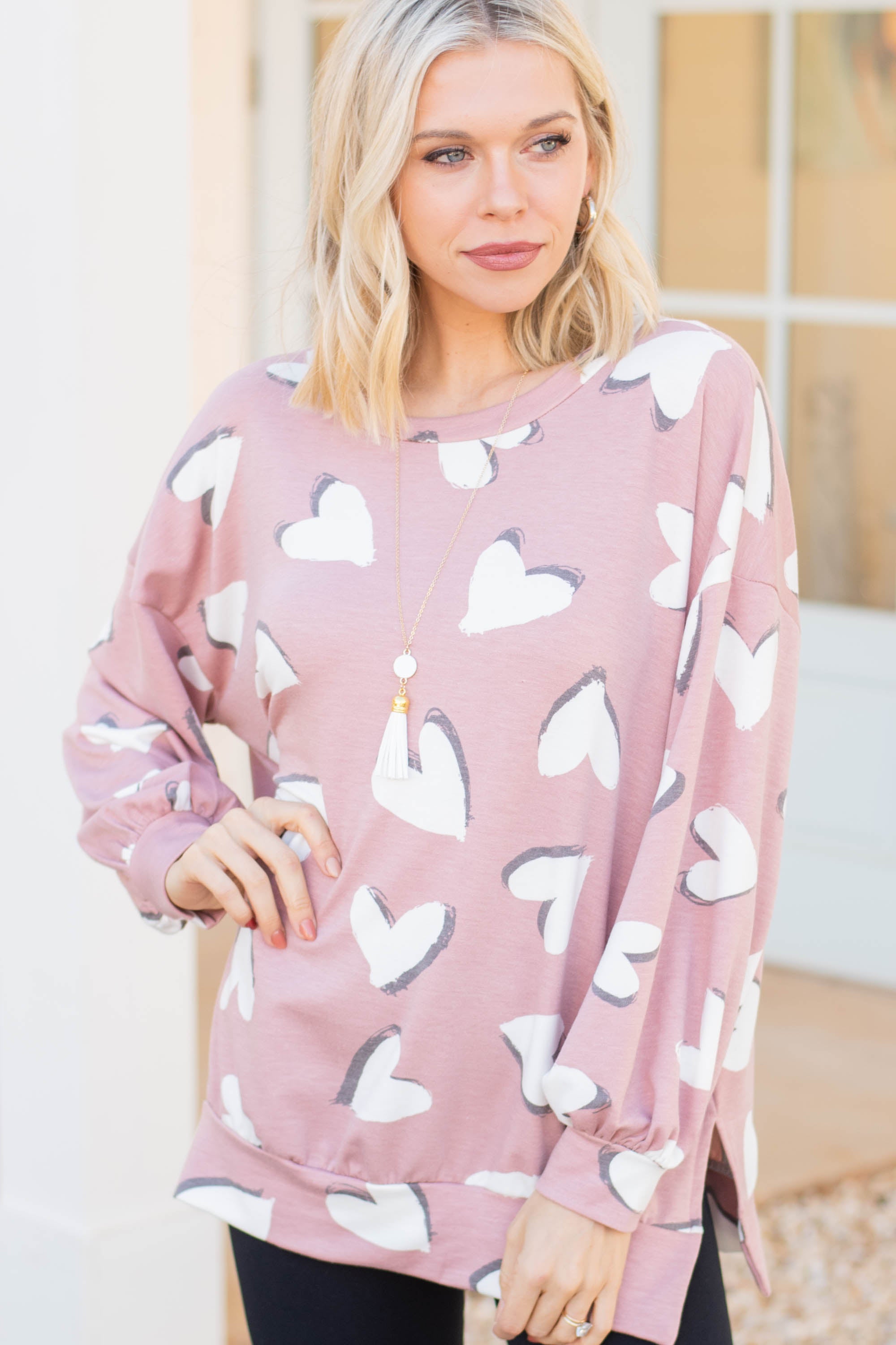 Love-Infused Rose Pink Heart Print Pullover