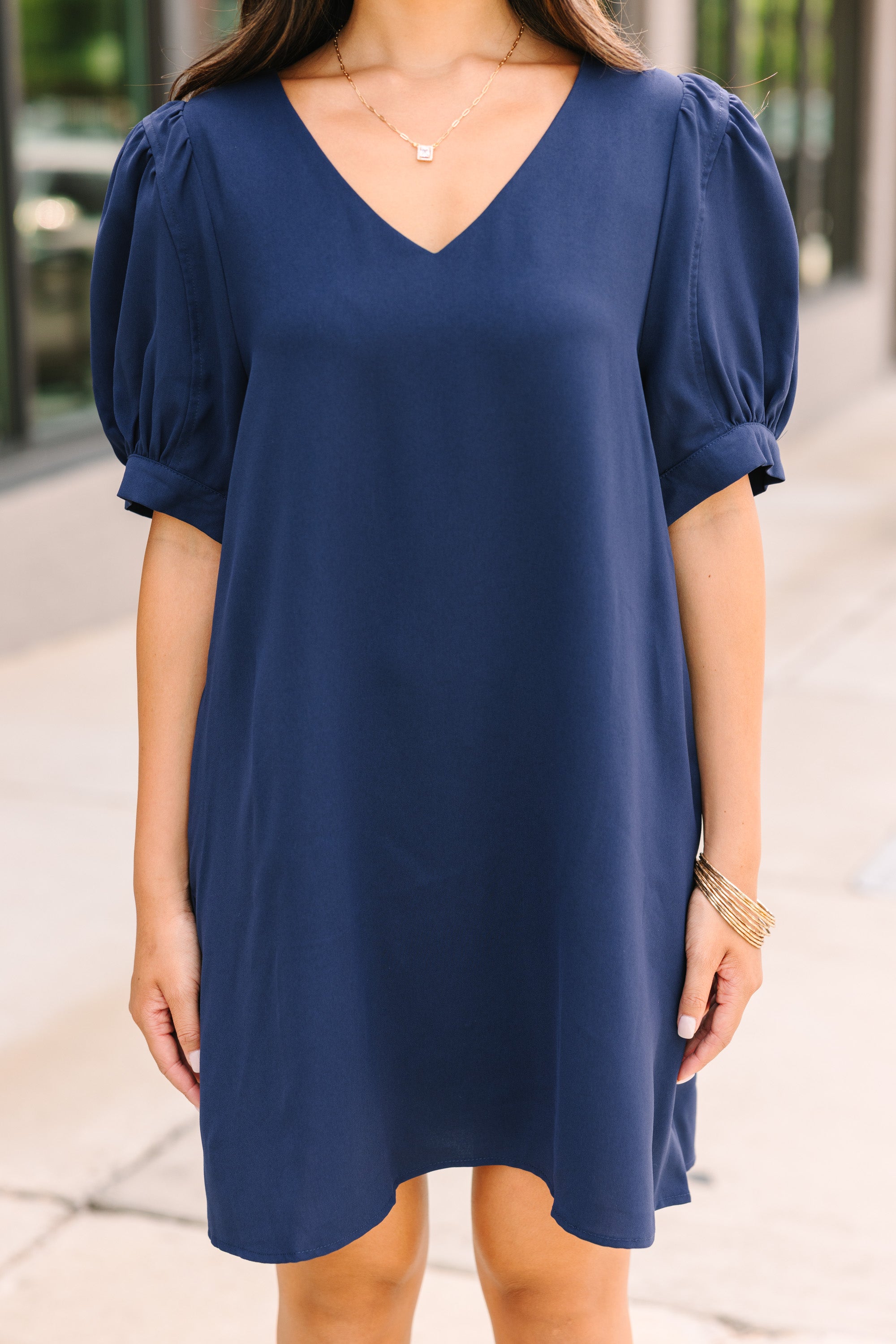 Love-at-First-Sight Navy Blue Puff Sleeve Dress
