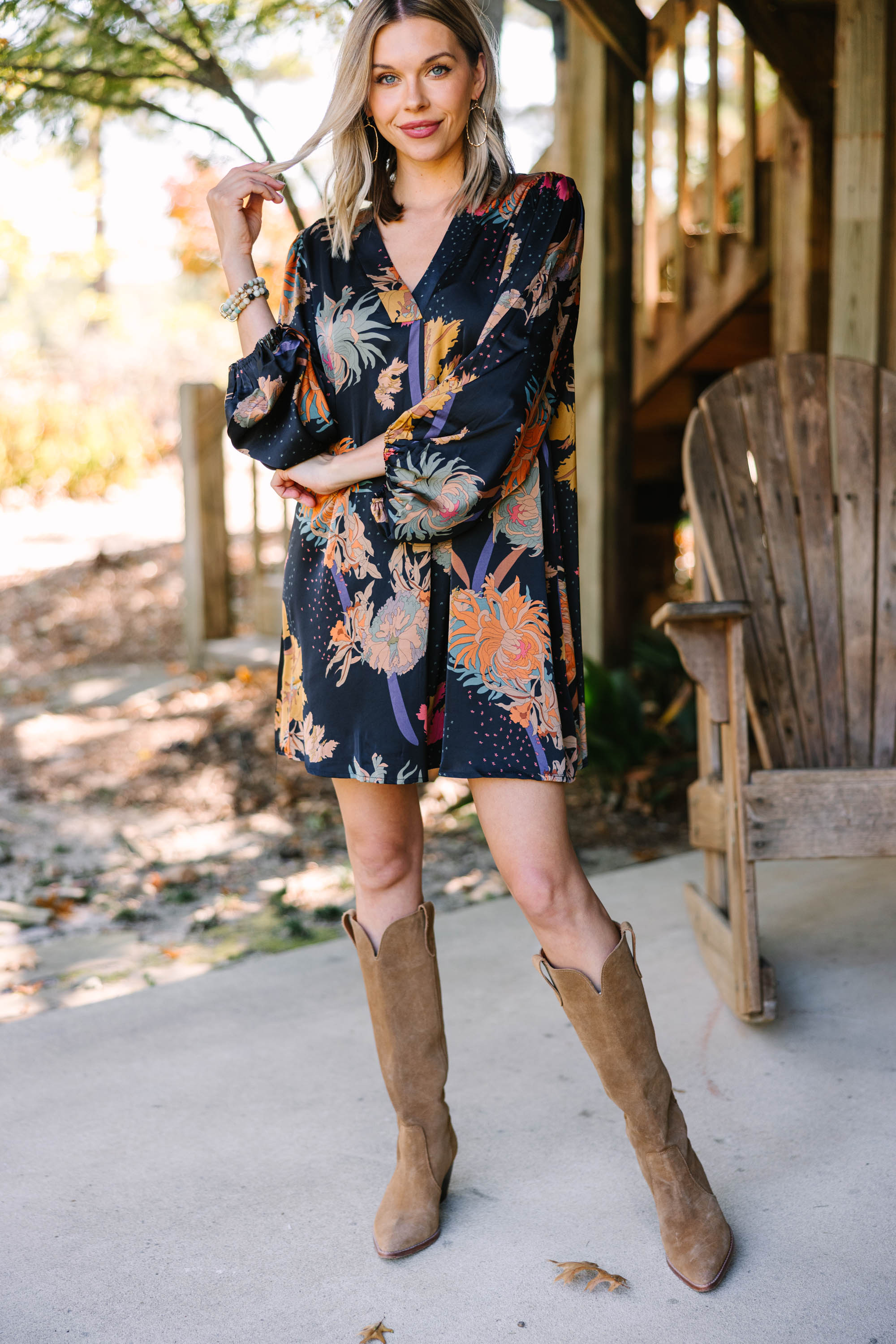 Irresistible Black Floral Bubble Sleeve Satin Dress