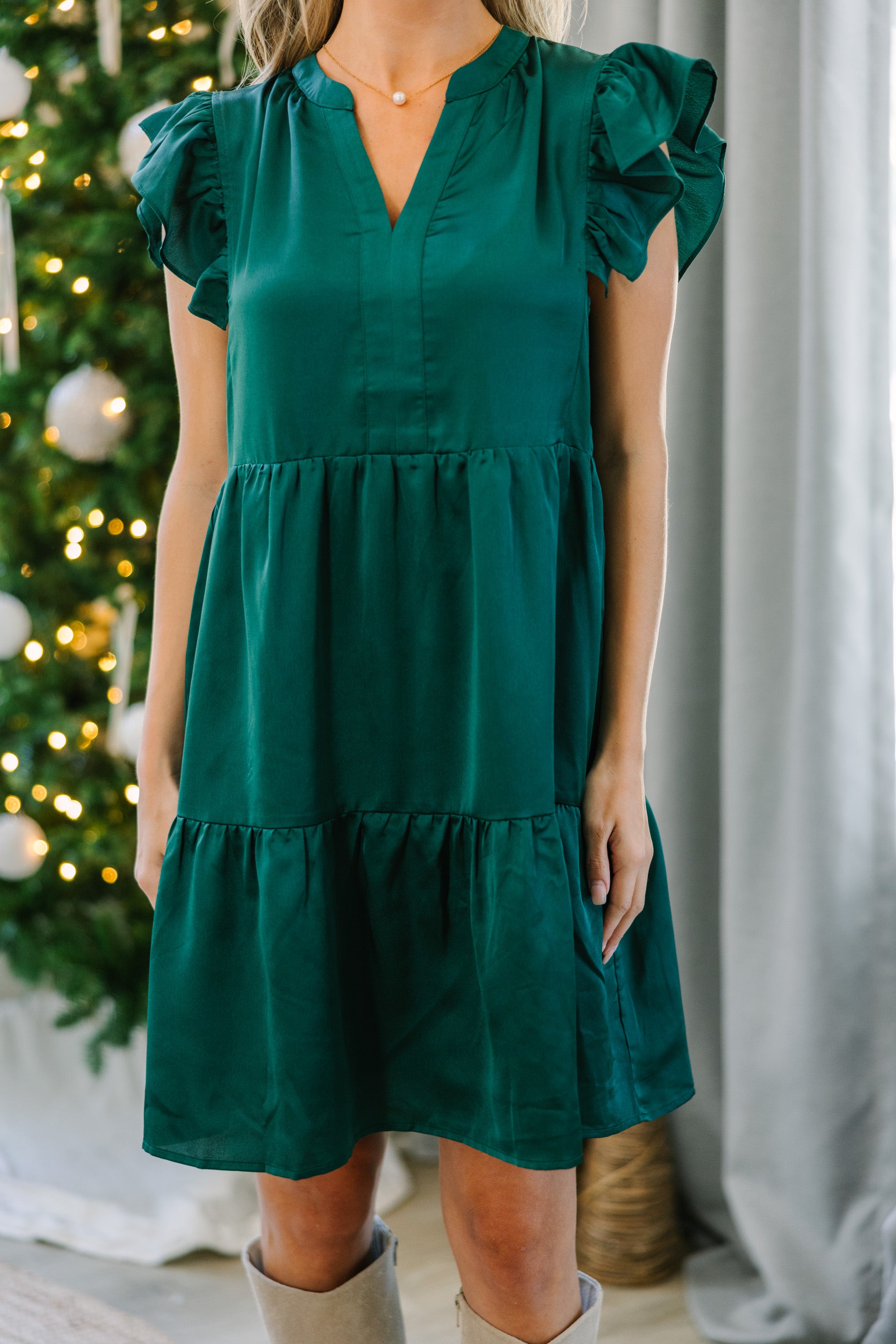 Gorgeous Emerald Green Satin Fall Transition Dress