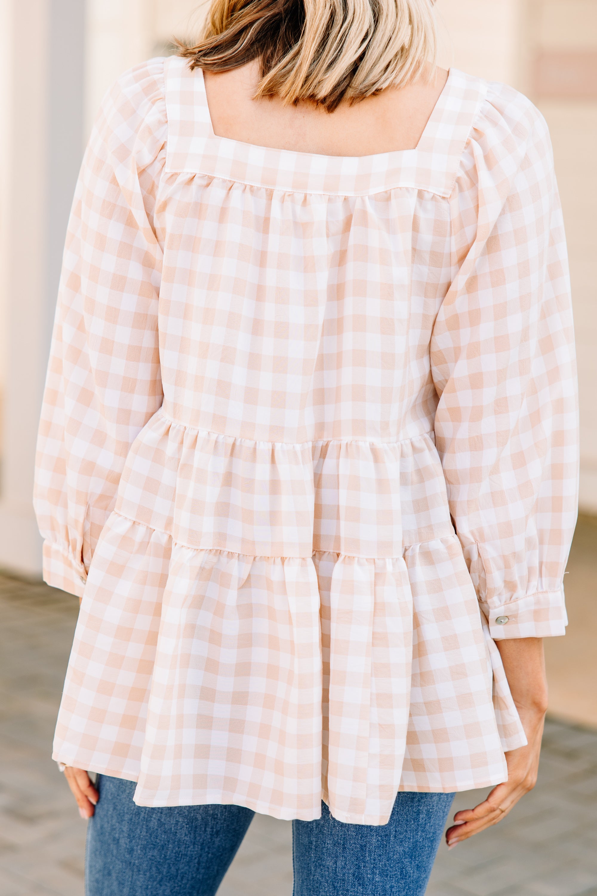 Charming Taupe Gingham Fun Blouse