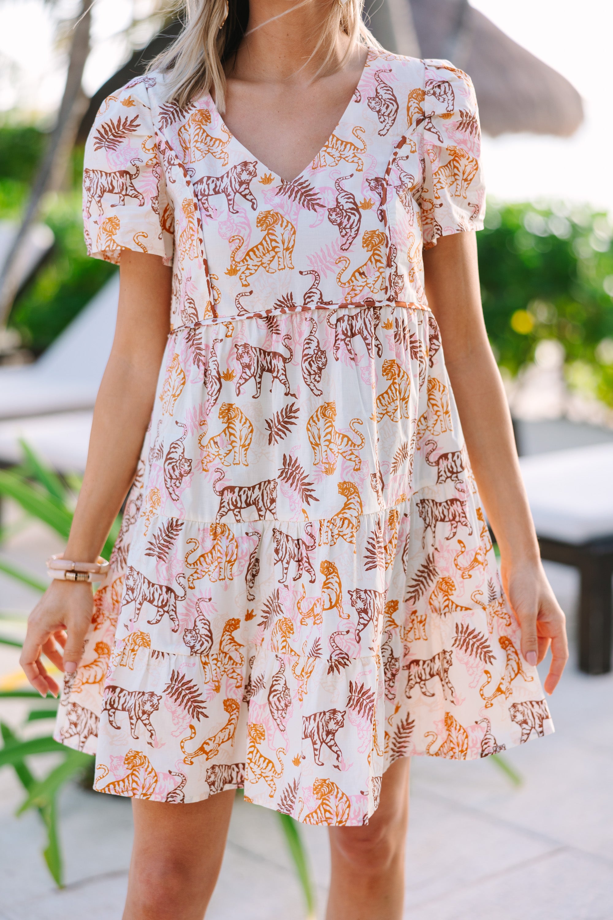 Feeling Fierce Cream White Tiger Print Babydoll Dress