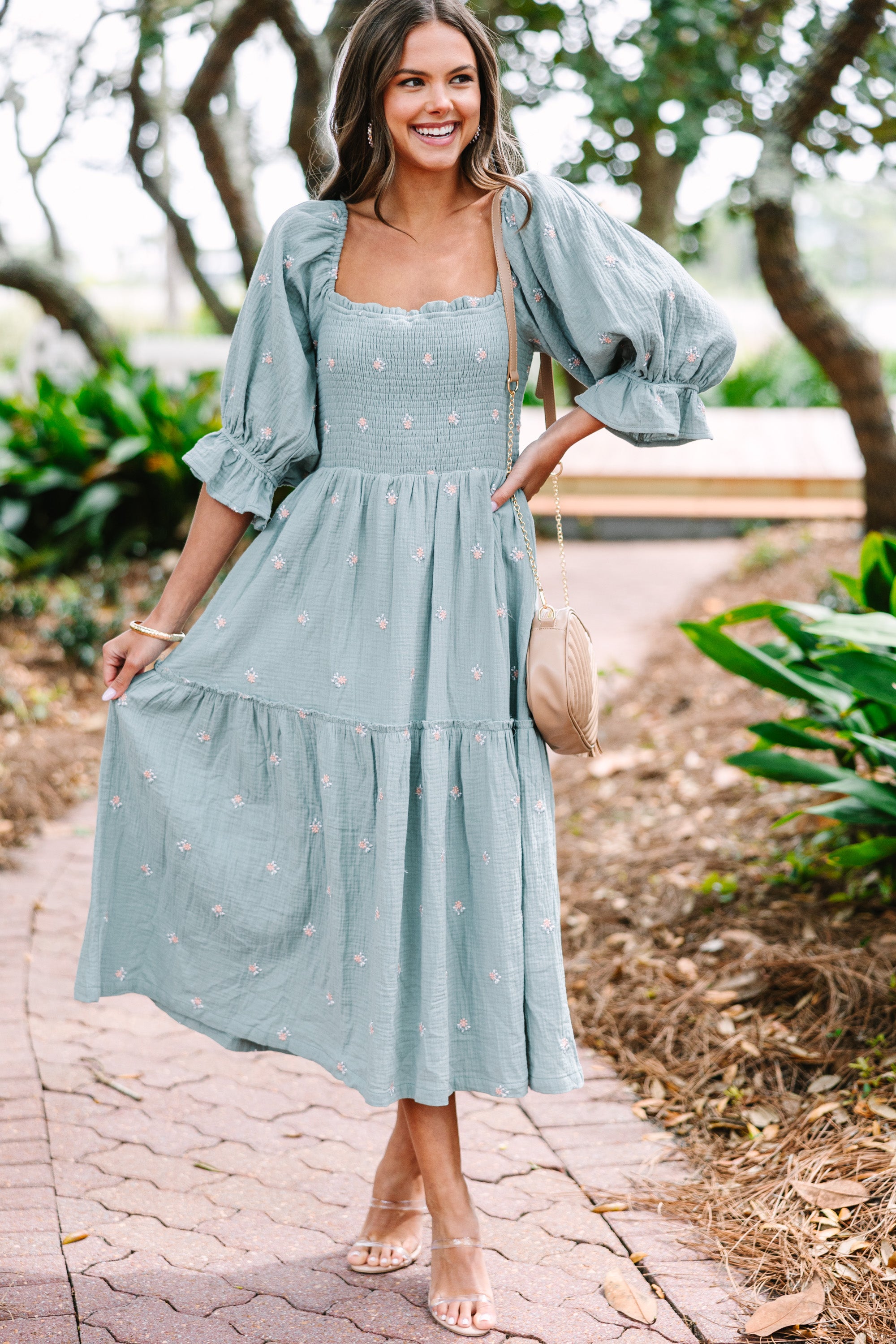 Enchanting Sage Green Floral Embroidered Midi Dress - Always By Your Side
