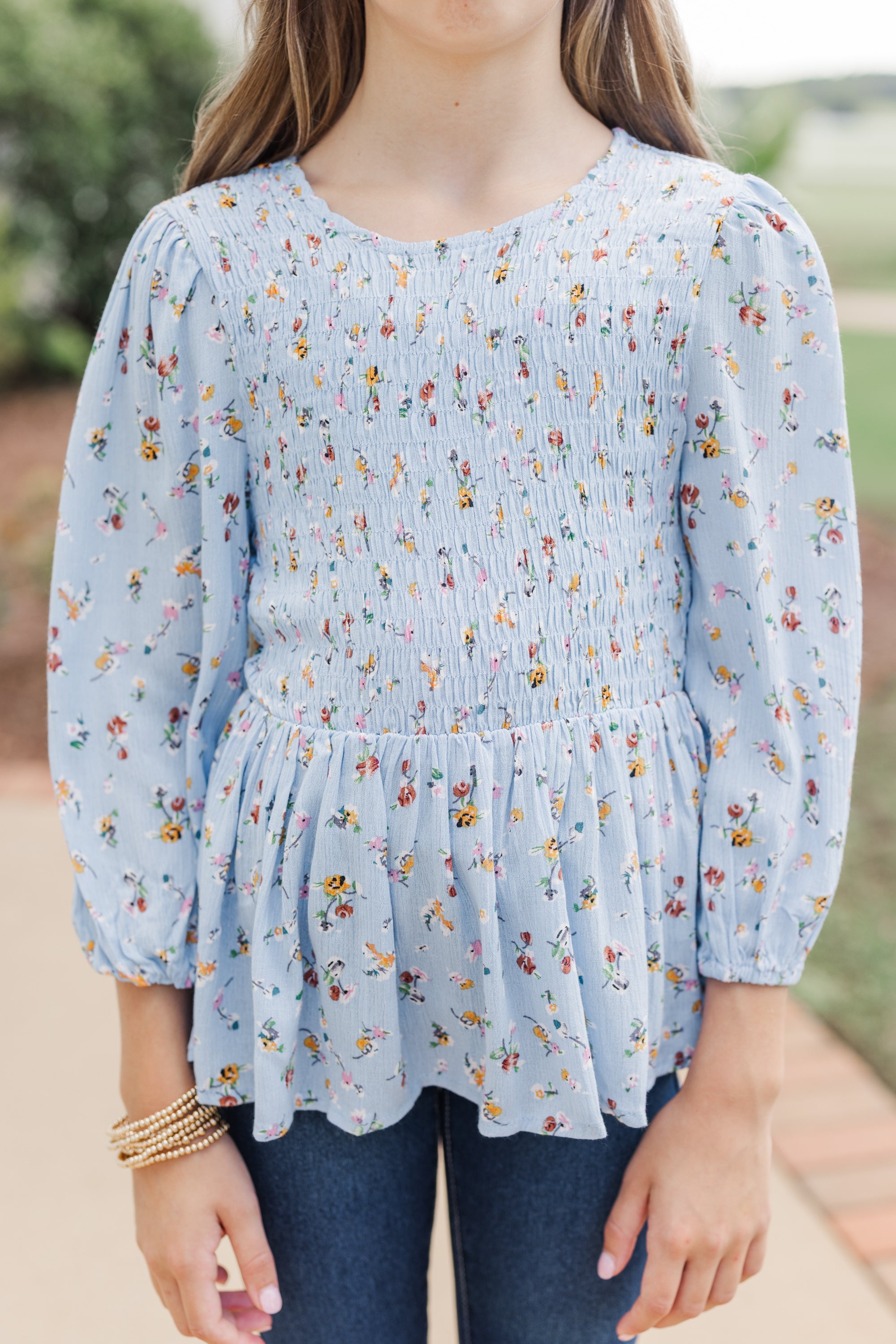 Girls' Enchanting Light Blue Ditsy Floral Blouse