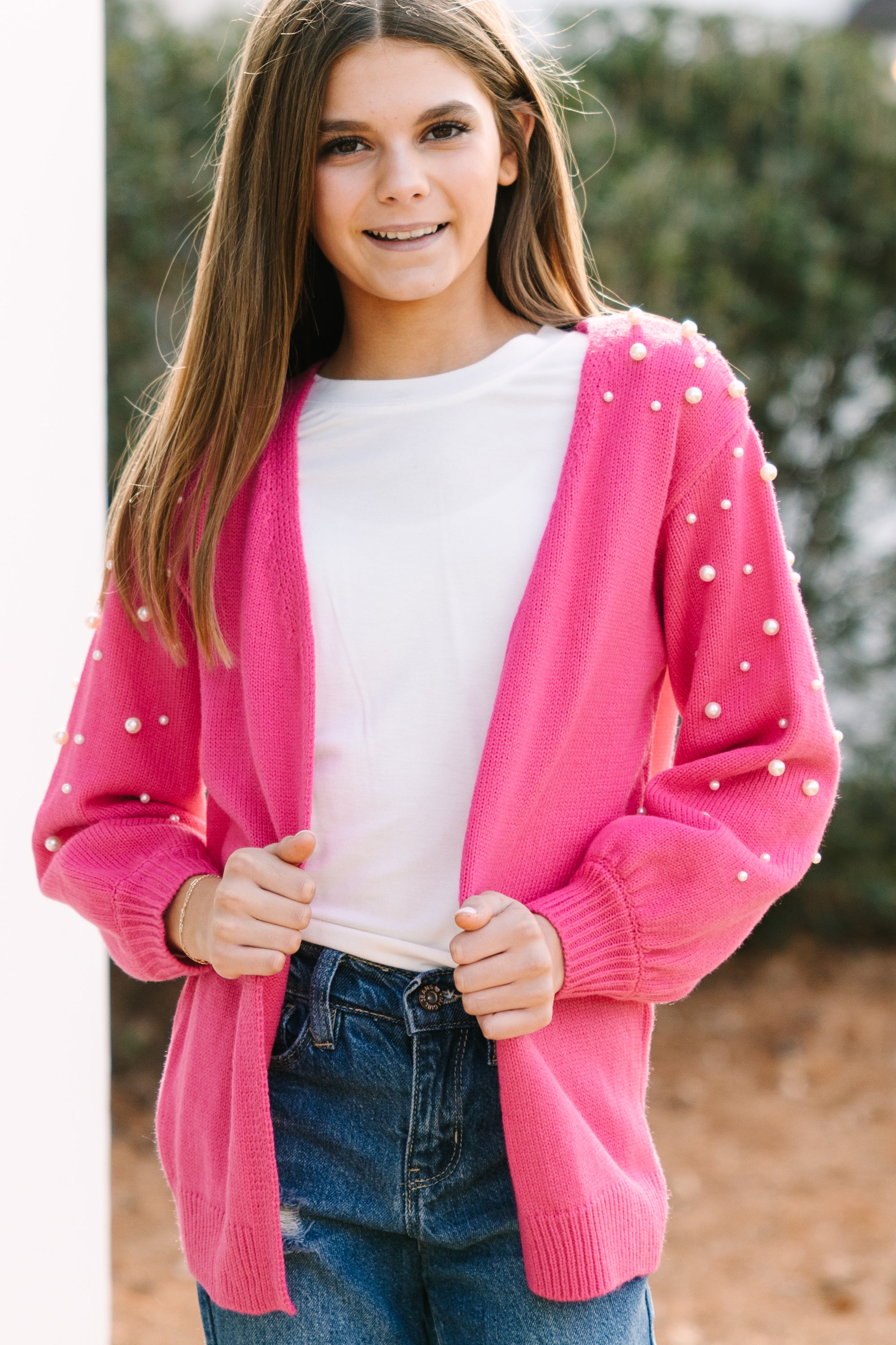 Gorgeous Fuchsia Pink Pearl-Embellished Girls' Cardigan - Get Yours Now!