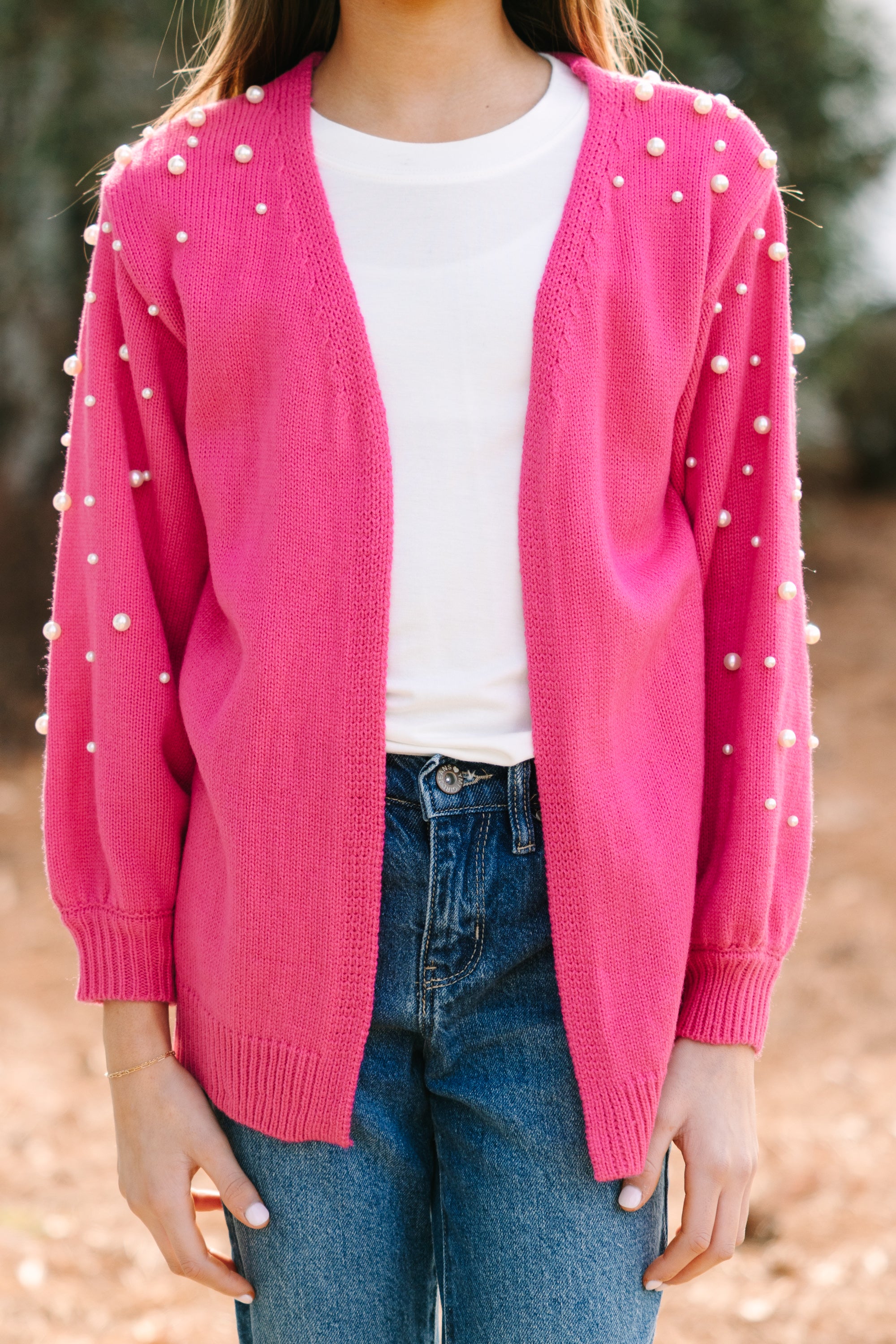 Gorgeous Fuchsia Pink Pearl-Embellished Girls' Cardigan - Get Yours Now!