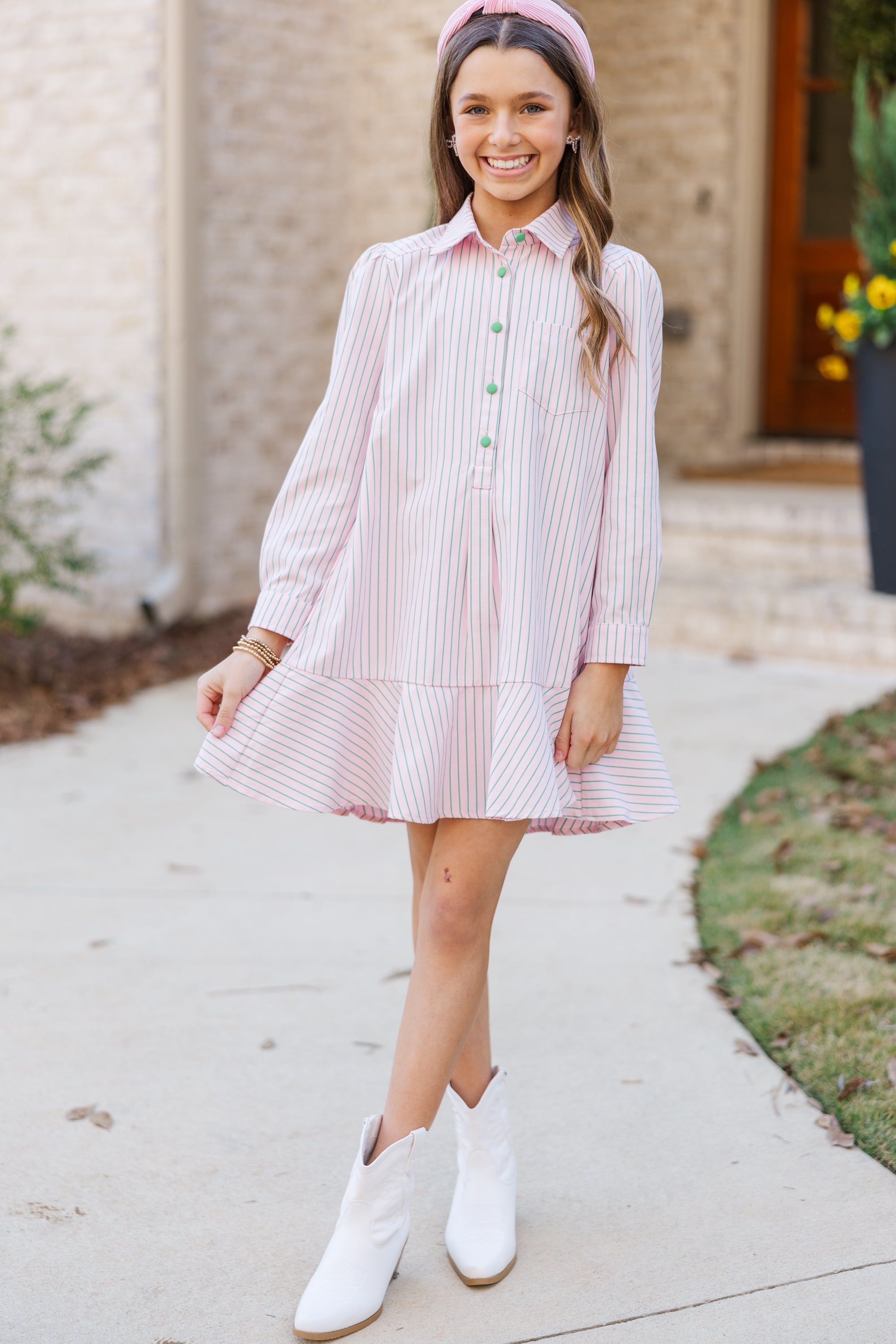 Girls' Enchanting Pink Striped Story - Telling Shirt Dress