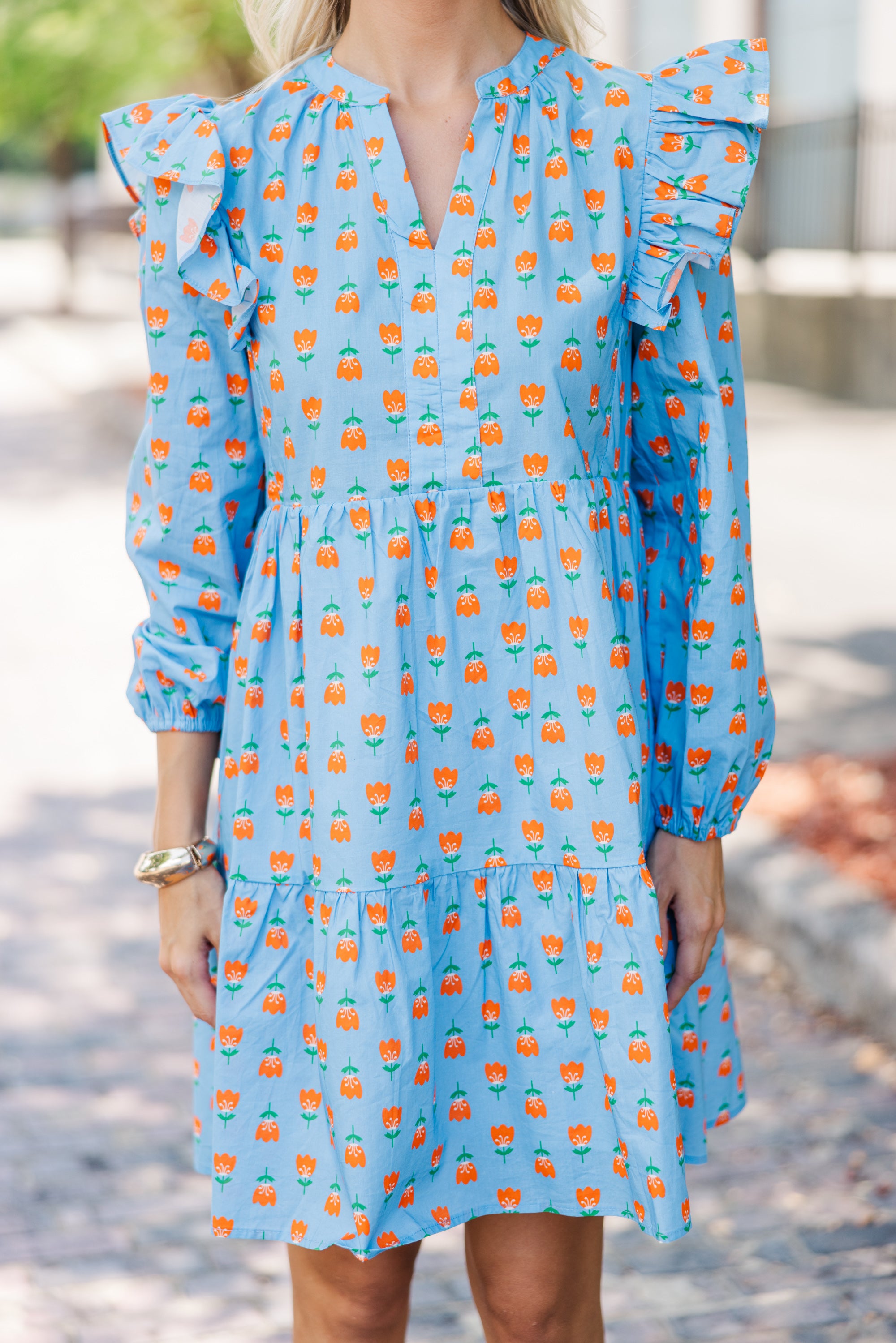 Gorgeous Blue Floral Long-Sleeve Babydoll Dress for Fall
