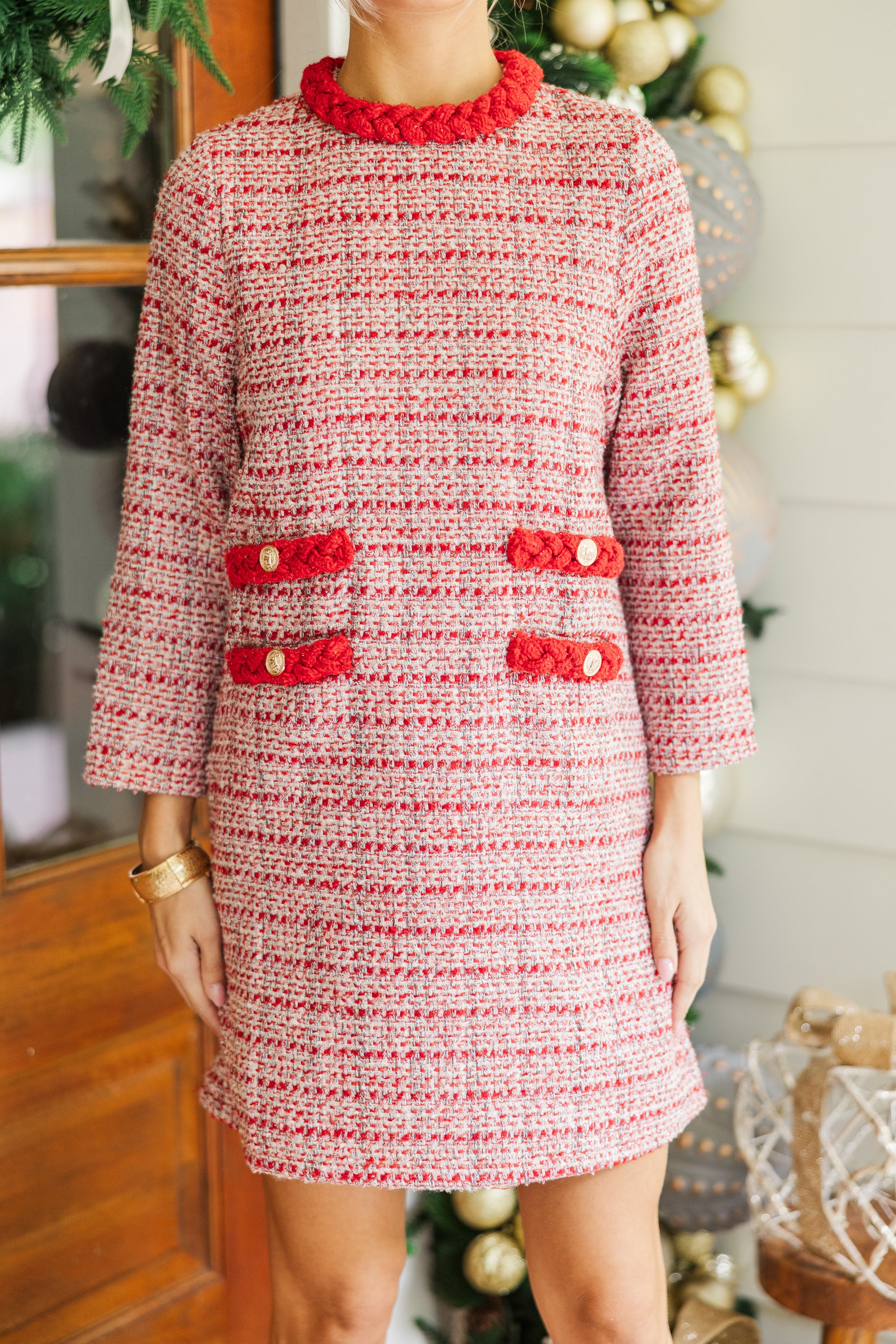 Enchanting Burgundy Red Tweed 3/4 Sleeve Dress - Ask You Out in Style