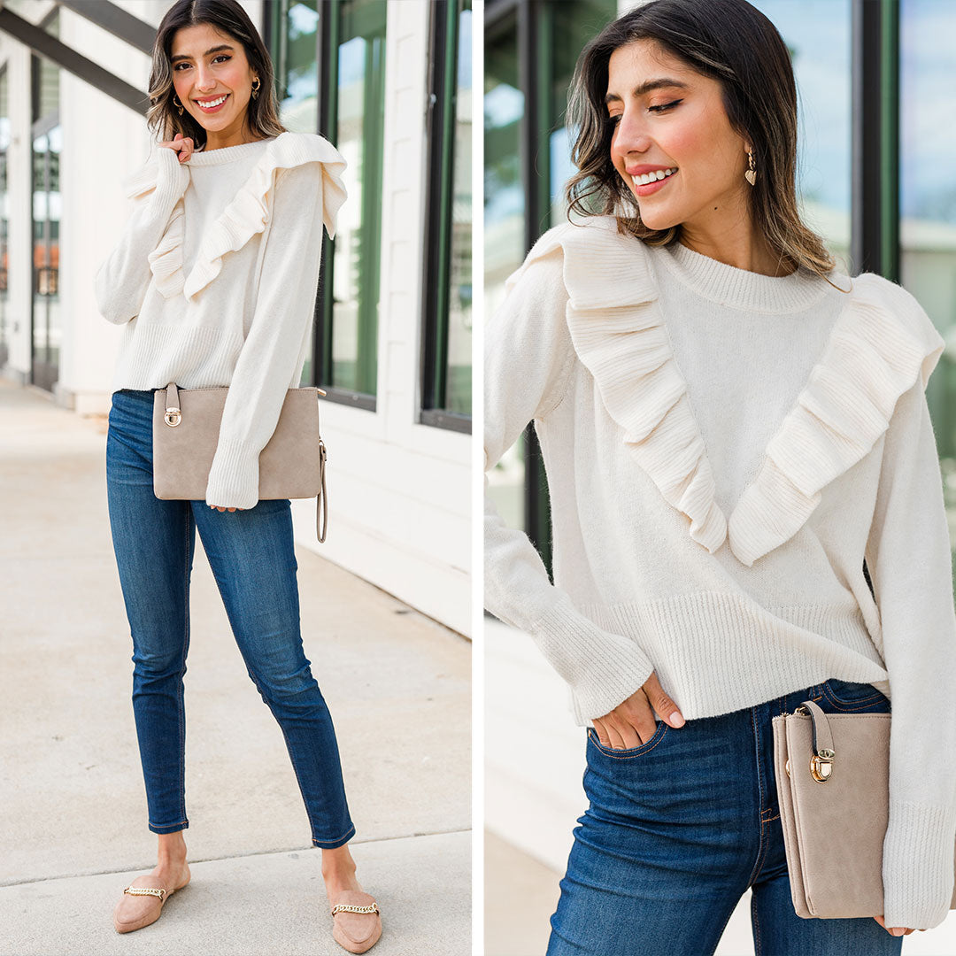 Charming Ivory White Ruffled Frill Sweater