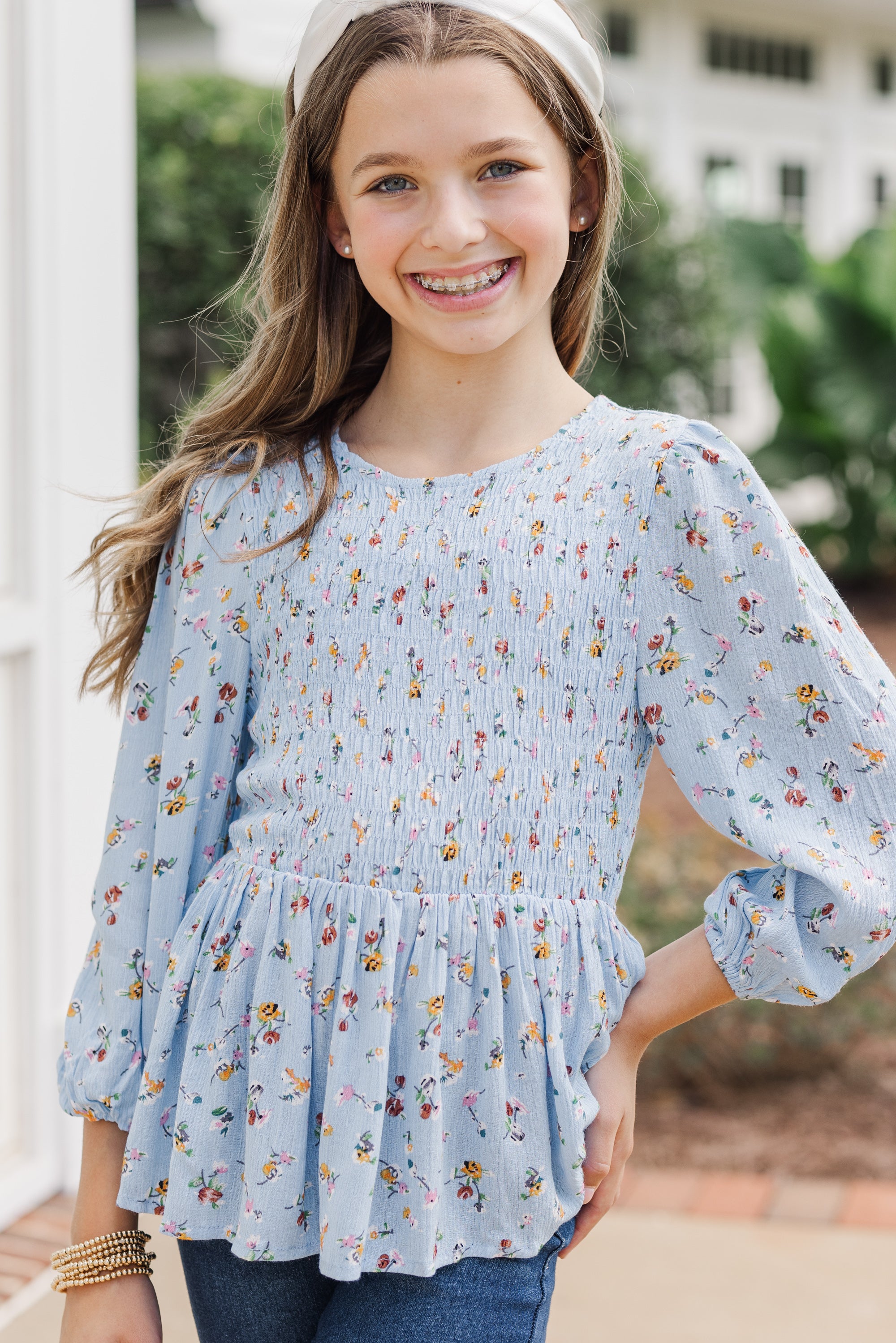 Girls' Enchanting Light Blue Ditsy Floral Blouse