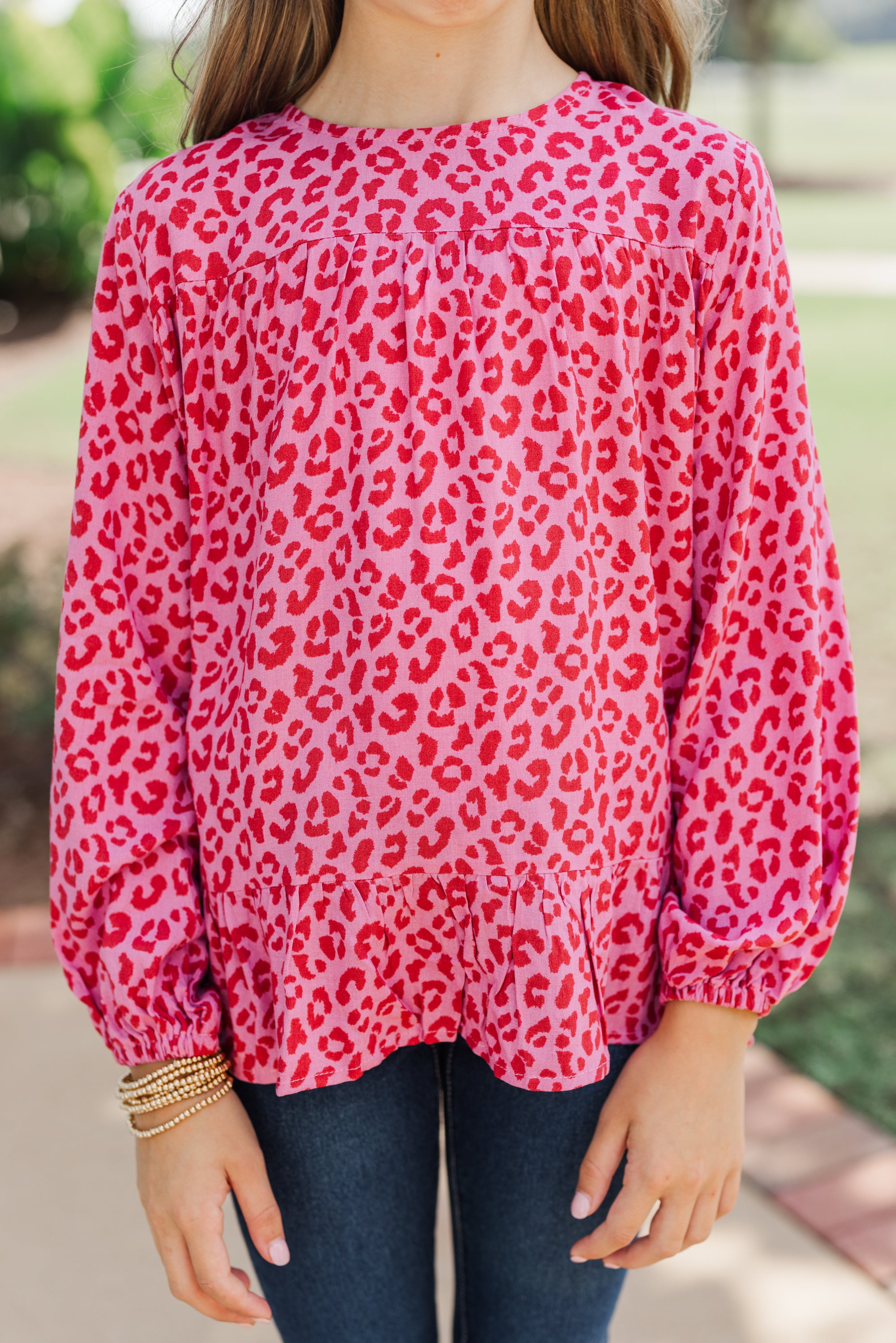 Girls' Enchanting Pink Leopard Floral Blouse: Feel Blessed!