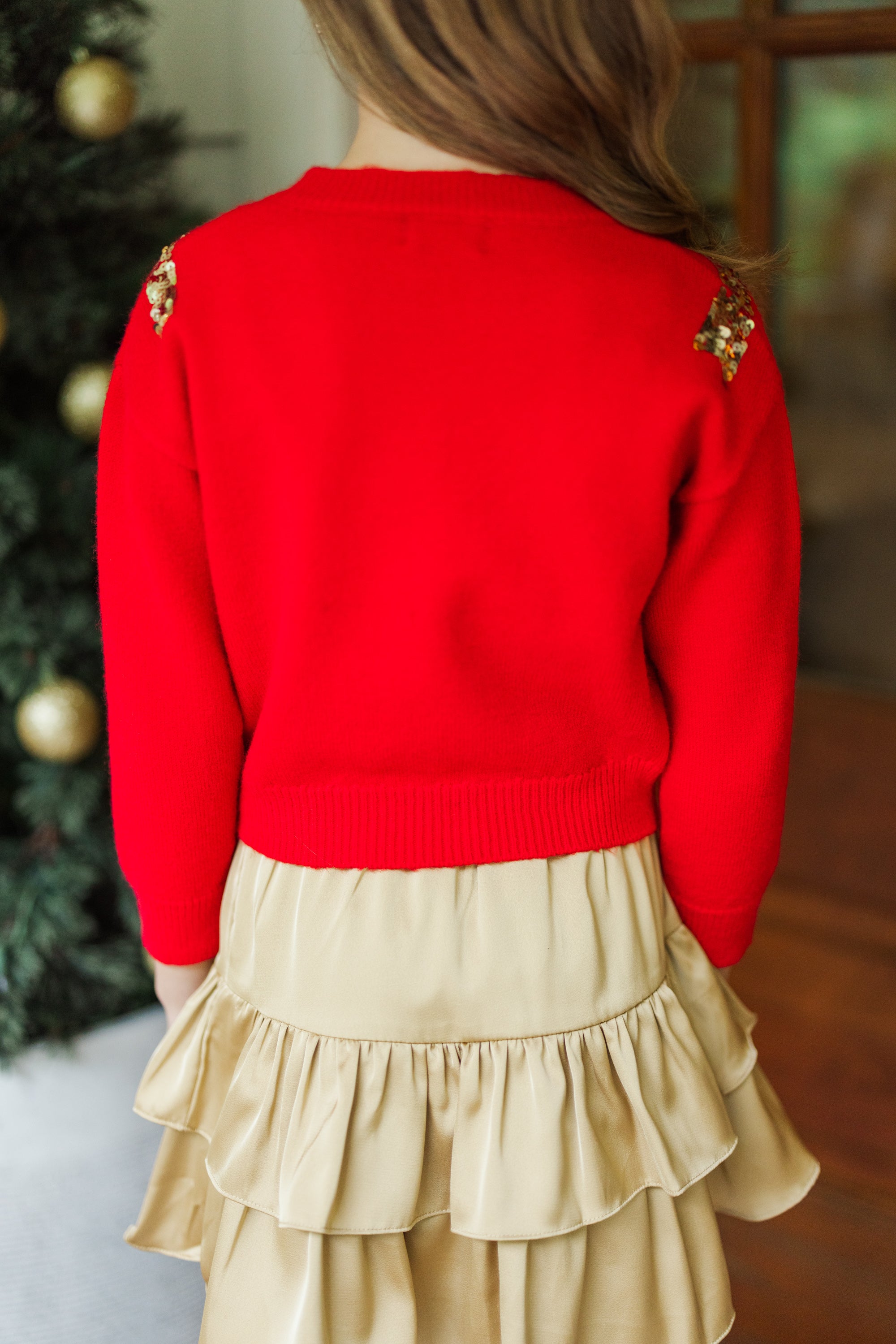Girls' Enchanting Red Sequin Bow Sweater: Feel the Holiday Magic!