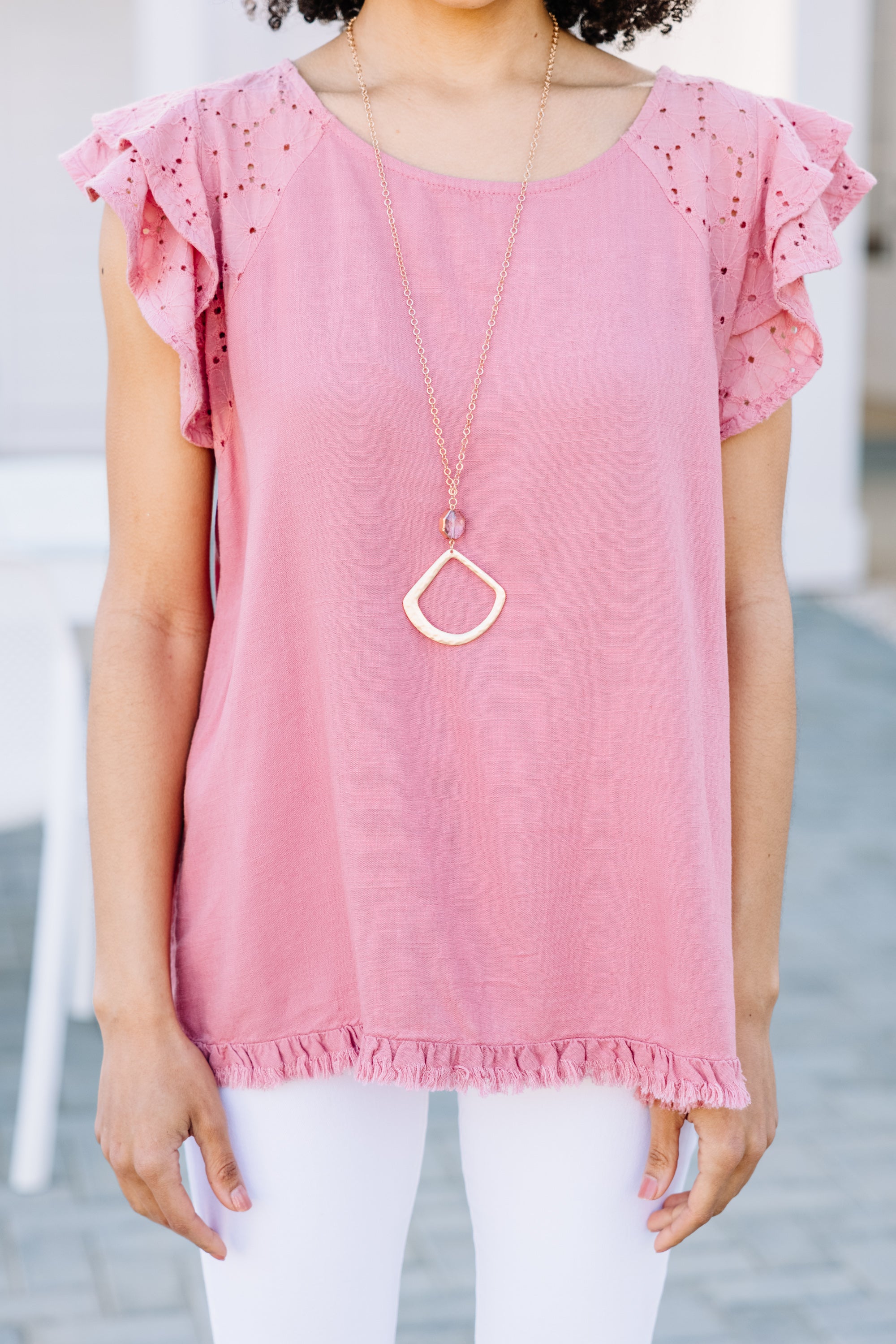 Springtime Delight: Rose Pink Eyelet Linen Top