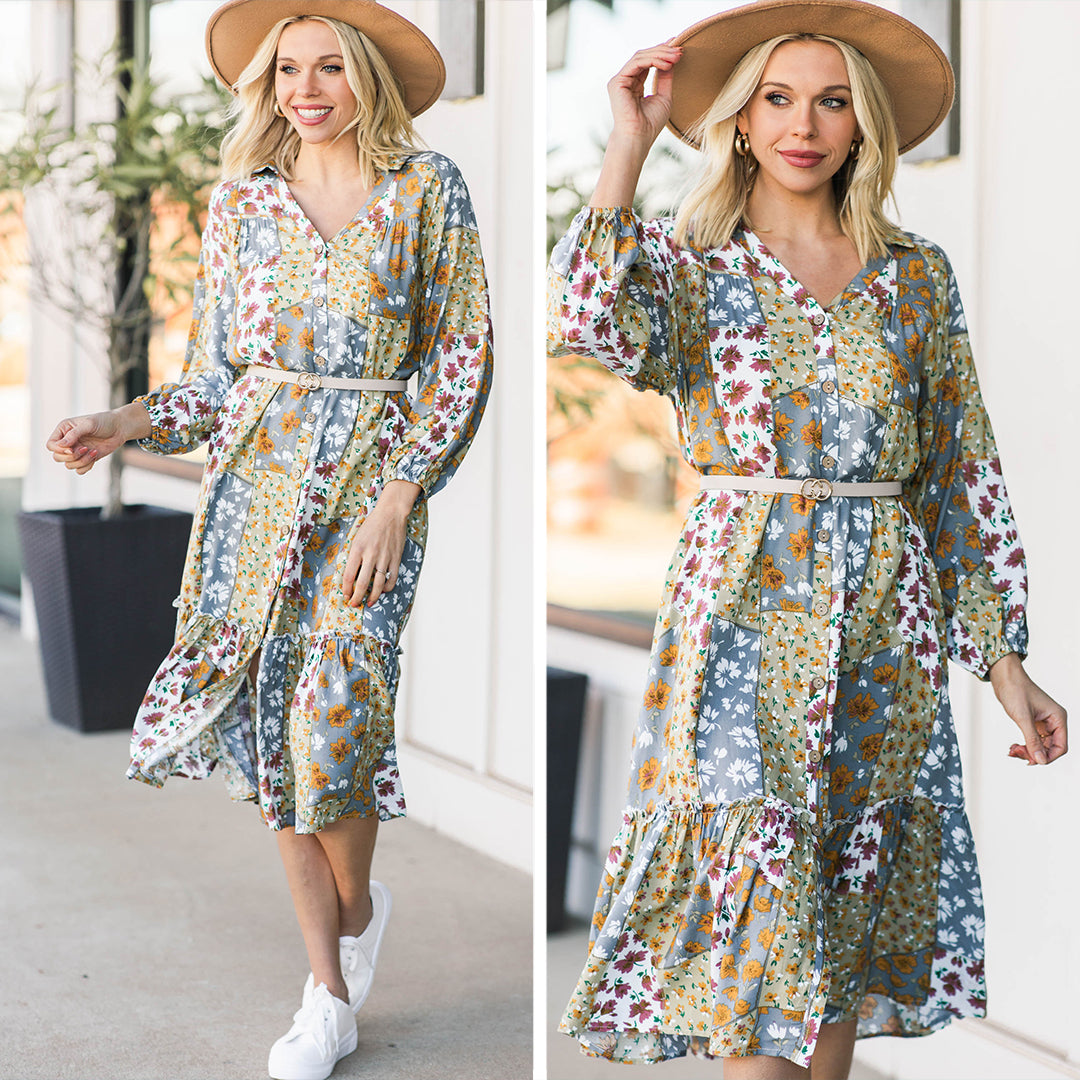 Gorgeous Gray Mixed Floral Midi Dress - The Ultimate Choice