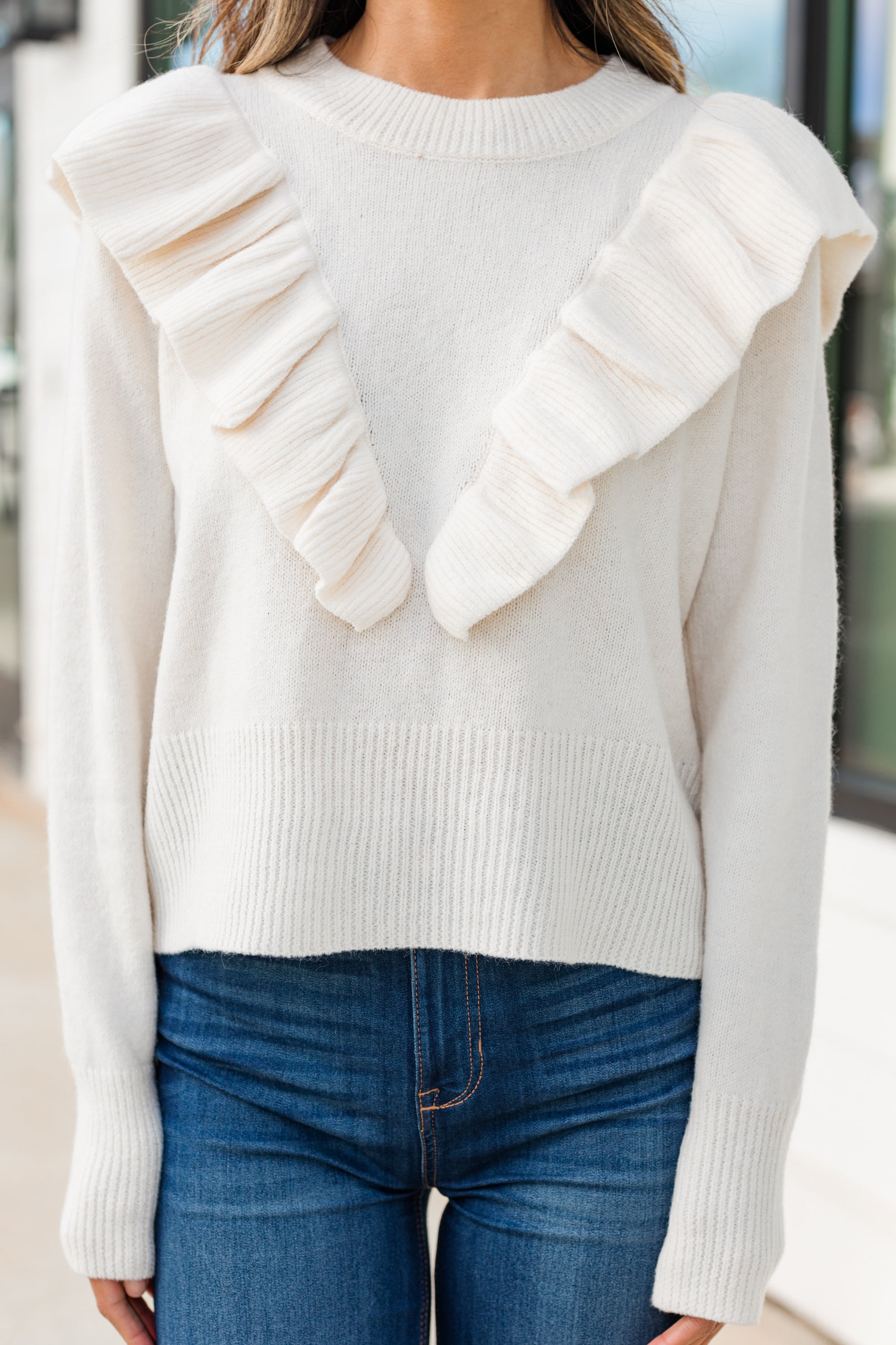 Charming Ivory White Ruffled Frill Sweater