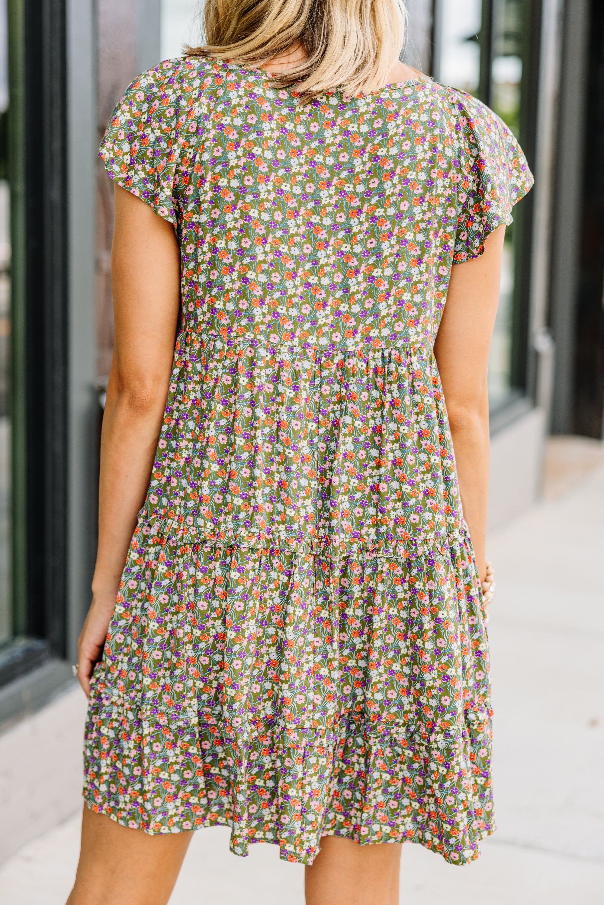 Irresistible Olive Green Ditsy Floral Mini Dress - Ask Away!