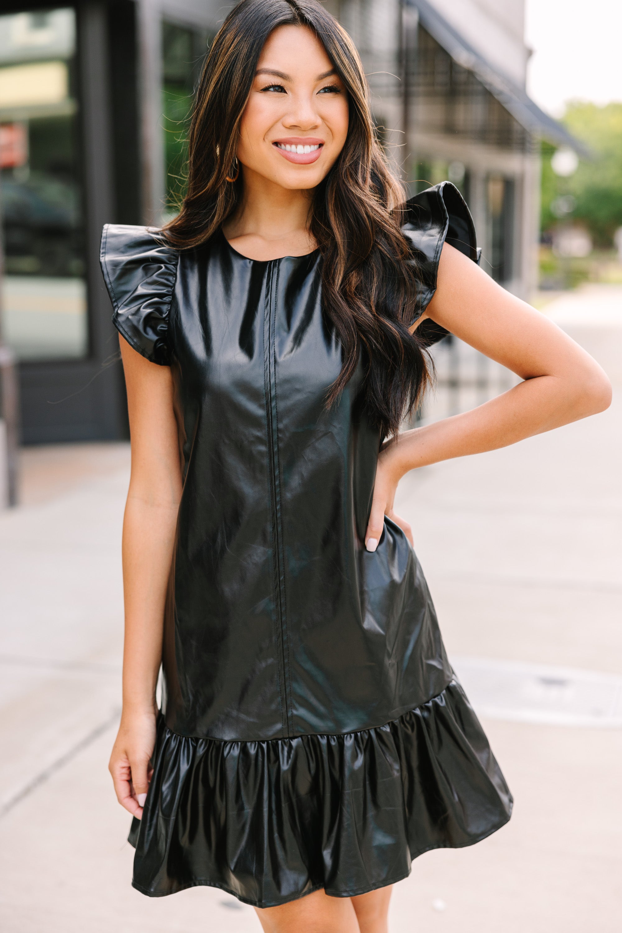 Always Ready: Stylish Black Faux Leather Dress for Fall Fun
