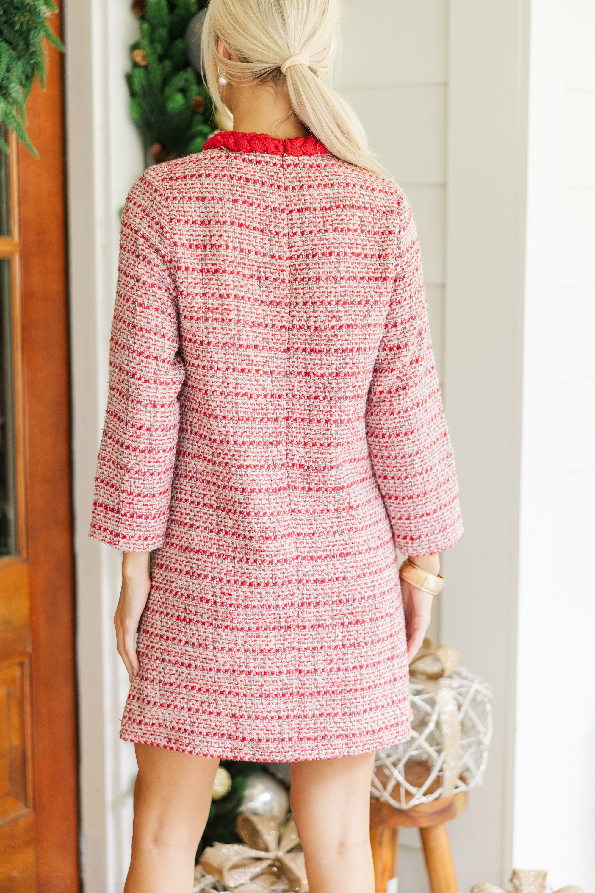 Enchanting Burgundy Red Tweed 3/4 Sleeve Dress - Ask You Out in Style