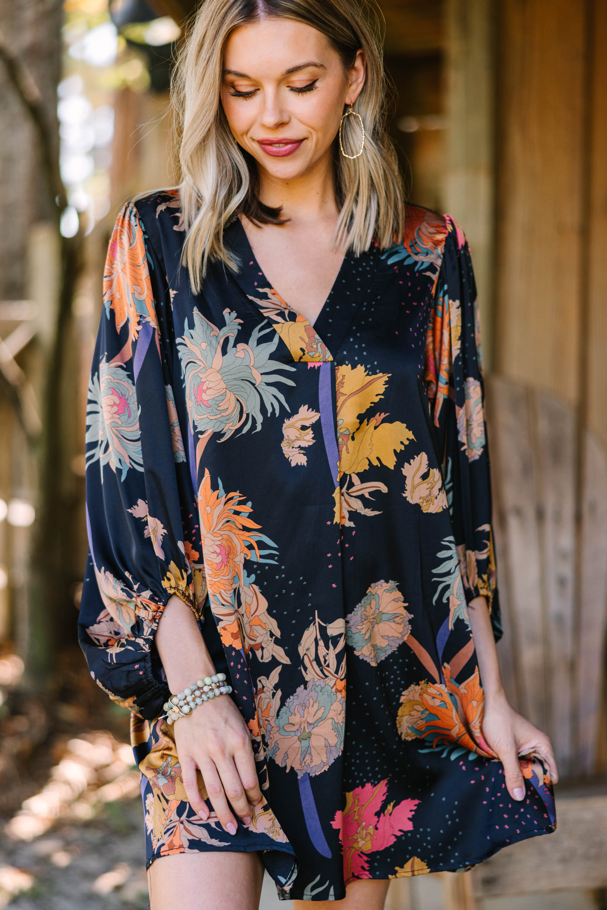 Irresistible Black Floral Bubble Sleeve Satin Dress